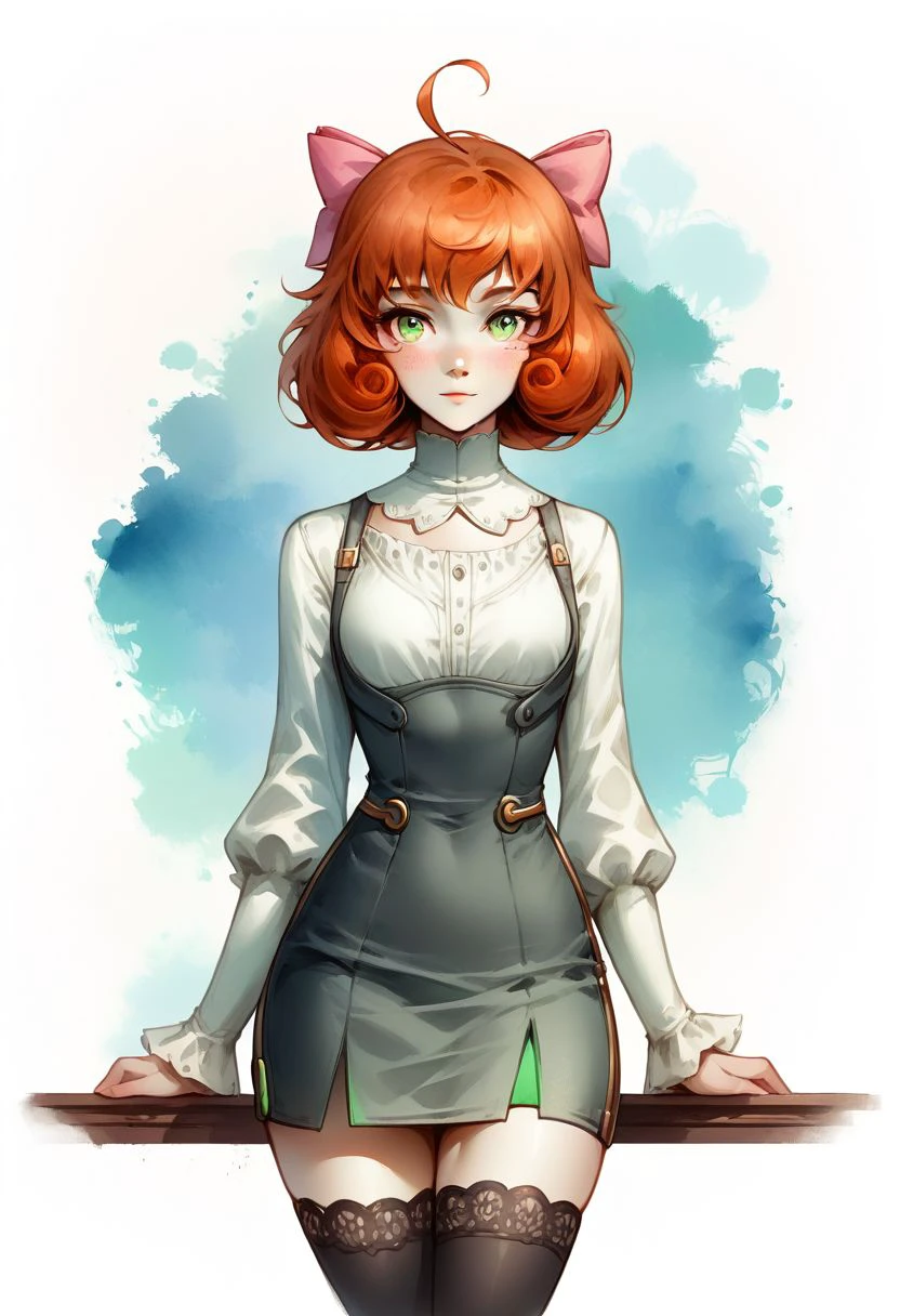 Faded Headshot, faded bottom, faded edges ,score_9,score_8_up,score_7_up,score_6_up,score_5_up,
1girl, Penny Polendina, \(RWBY\),(ultra HD quality details), green eyes, ginger hair,
short hair, 
gorget, grey dress, short dress, pencil skirt, neon trim, gold trim, white blouse, long sleeves, black thighhighs, pink bow,
perfect anatomy, perfect face, abstract beauty, beautiful, centered, looking at the camera, approaching perfection, dynamic, moonlight, highly detailed, watercolor painting, artstation, concept art, smooth, sharp focus, illustration, 
small breasts,