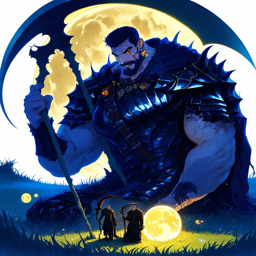 weapon, holding scythe, giant, full moon, earrings, food, white background, grass, pectorals, black armor, facial hair