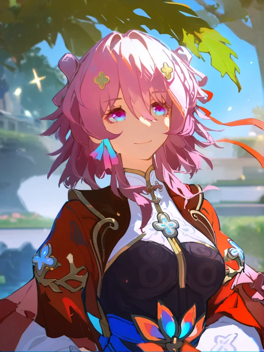 1girl, 
march 7th \(honkai: star rail\),  
solo, red sleeves, flower, sky, day, depth of field, lens flare, bokeh, chromatic aberration, sparkle, long sleeves, closed mouth, looking ahead, pink hair, purple eyes, blue eyes, blue sky, outdoors, shirt, upper body, collarbone, from side, medium hair, white shirt, hair between eyes, smile, 
  safe
 <lora:mki-ani31-march_7th_The_Hunt-v2-000025:1> <lora:mki-ani31-ahriii-v1-000125:1>