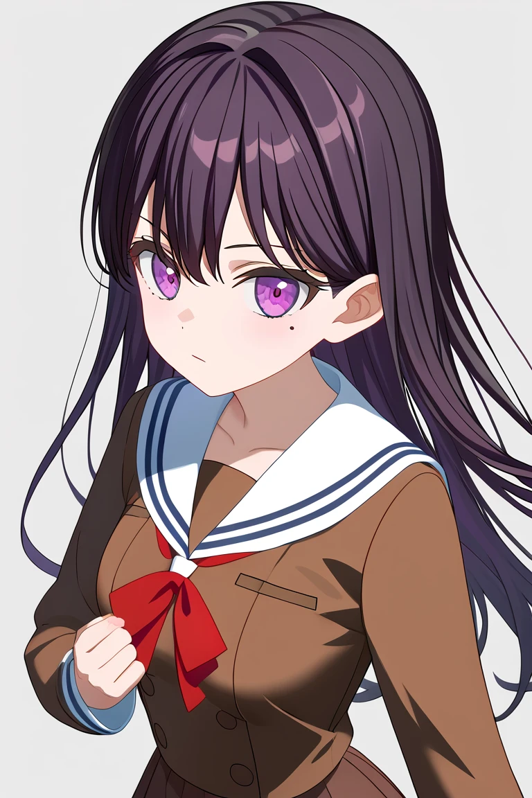 <lora:Shiina_Taki_PonyXL:1>, shiina taki, 1girl, solo, long hair, black hair, purple eyes, mole under eye, mole, bangs, simple grey background, aged up, medium breasts, hanasakigawa school uniform, red neck ribbon, long sleeves, sailor dress, brown dress, white sailor collar, double-breasted, cowboy shot,, best quality, masterpiece, highres,