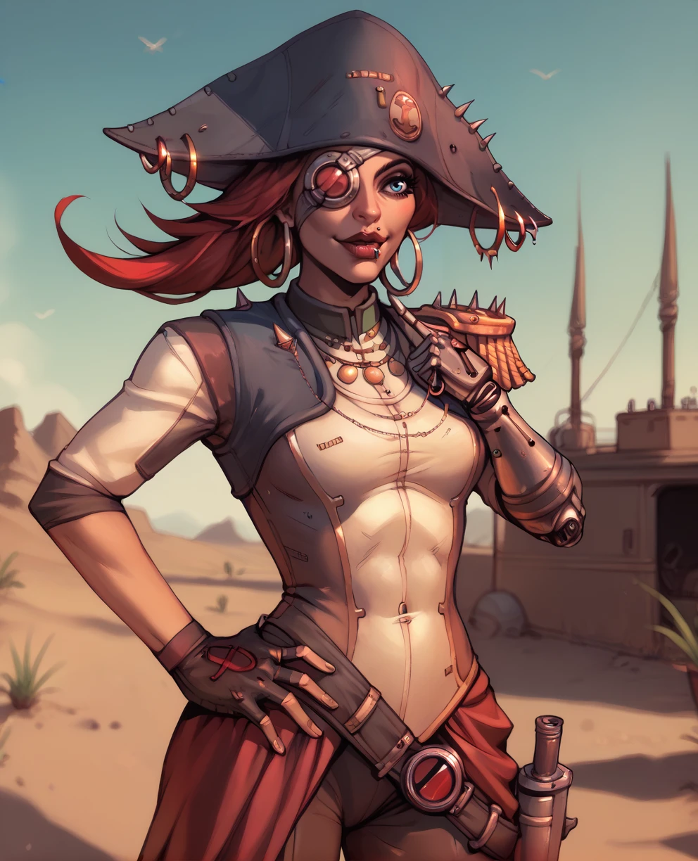 score_9,score_8_up,score_7_up,score_6_up,scarlettxl,blue eyes,eyepatch,red hair,lip piercing,lipstick,left arm prosthetic hook,fingerless glove,hoop earrings,pirate hat,uniform,short sleeves,hand on hip,
light smile,solo,desert,pirate ship,<lora:CaptainScarlettXL:0.8>,
