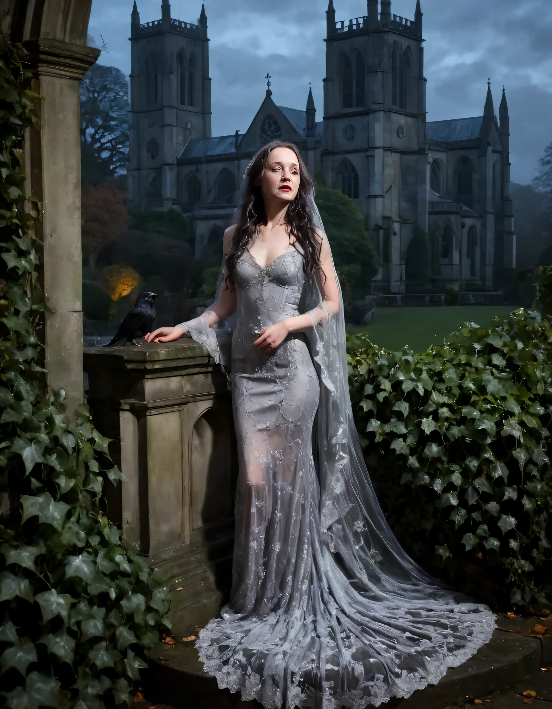 Harriet Slater, a gothic ethereal beauty, is enshrouded in the silvery glow of an autumn moon as she stands before an ivy-covered cathedral in a diaphanous gown adorned with silver lace, her raven hair flowing like a waterfall of silk and her lips parted ever so slightly to reveal a hint of crimson. The tendrils of mist caress her delicate feet upon the ancient stones beneath as she gazes out upon the dreamscape that surrounds her, adding an air of mystery to this hauntingly beautiful tableau. <lora:wtqwyo18ff2c060f5va:1>