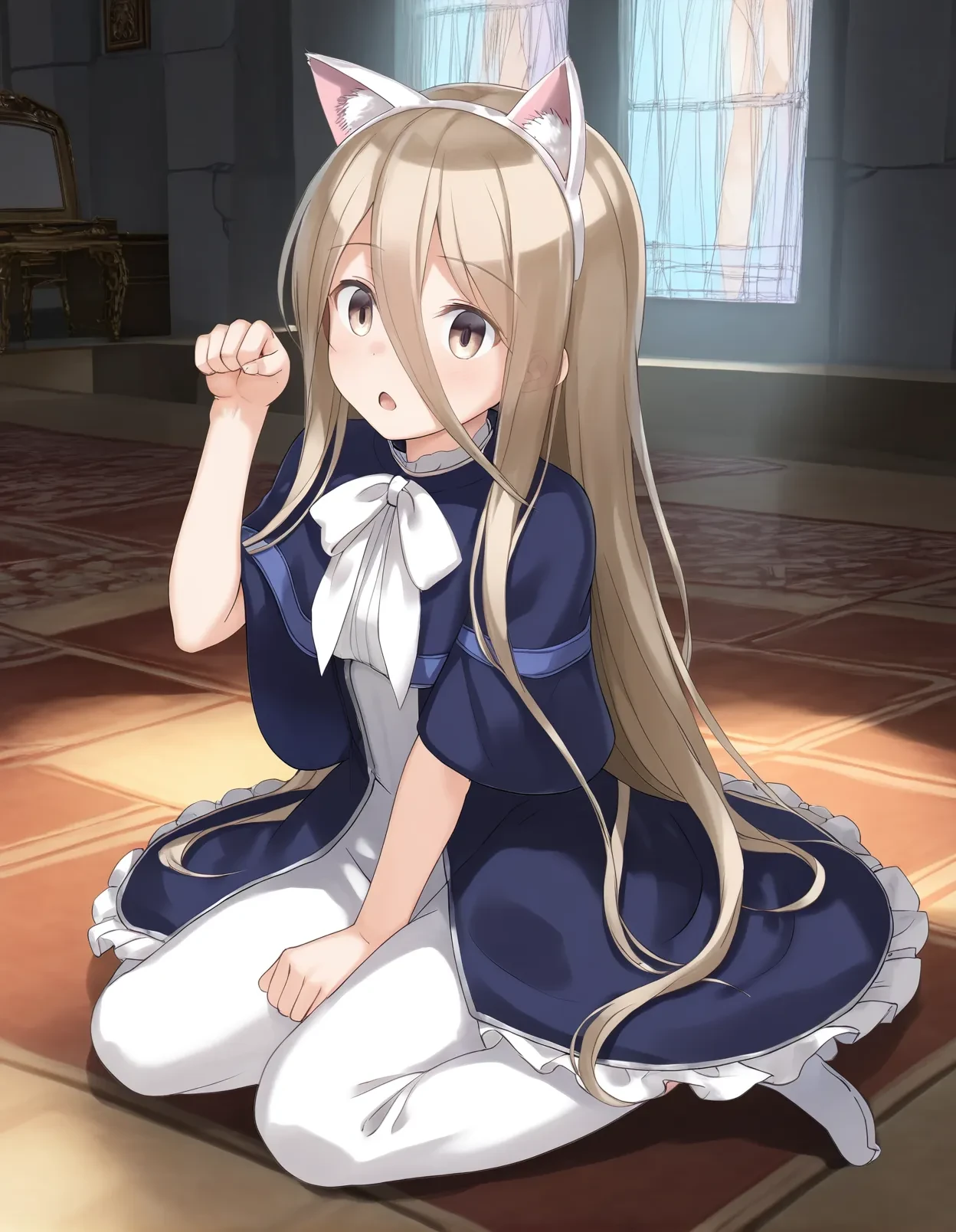 score_9, score_8_up, score_7_up, score_6_up,score_5_up,score_4_up, 1girl, sitting on the floor, paw pose, open mouth, fake cat ears, castle, reflective floor, window, lens flare,
<lora:yone_kinji_style_pony6_v2-000028:.8> <lora:sense_sousou no frieren_PONY_last:0.6> sense \(sousou no frieren\),brown eyes,very long hair,absurdly long hair,hair between eyes,eyes visible through hair, blue capelet,frilled dress,white long dress