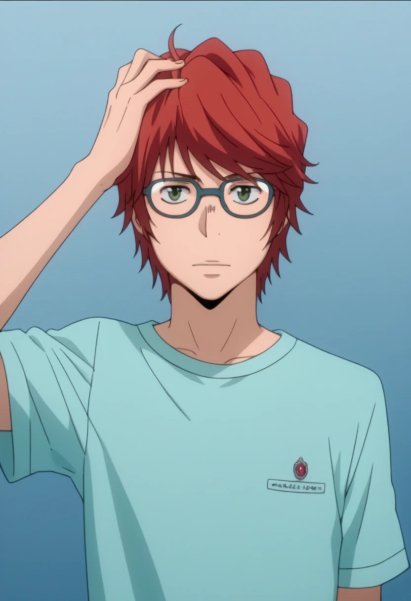 score_9, score_8_up, score_7_up, score_6_up, highly detailed, masterpiece, best quality,detailed,intricate details, amazing quality, best aesthetic, absurdres, shoichi irie, red hair, green eyes, glasses, 1boy, male focus, solo, blue shirt, t-shirt, hand on own head, upper body<lora:EMS-391474-EMS:1.000000>