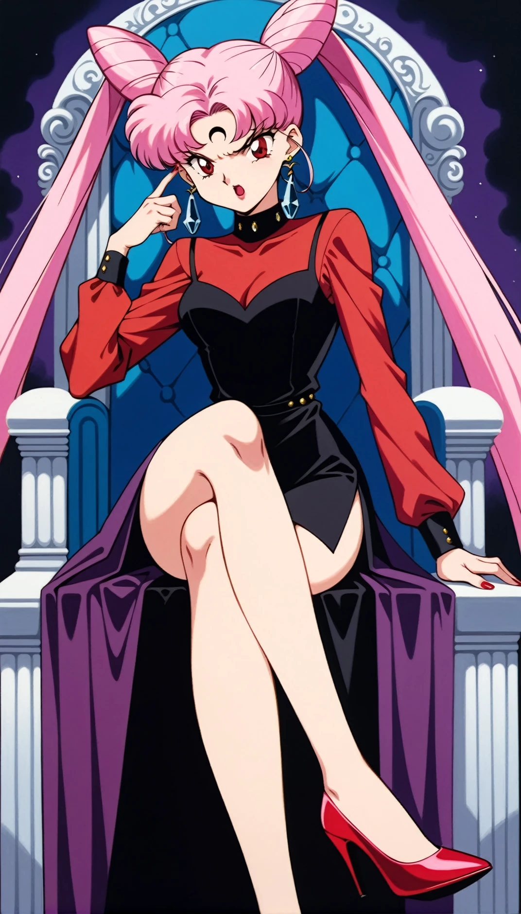 masterpiece,best quality,very aesthetic,ultra detailed,intricate details,<lora:Black Lady1:0.8>,1990s \(style\),Black Lady1,1girl,solo,pink hair,cone hair bun,long hair,hair bun,double bun,red eyes,twintails,very long hair,side slit,dress,facial mark,crescent,jewelry,earrings,crystal earrings,forehead mark,angry,magic,high heels,bare legs,red footwear,throne,sitting,crossed legs,evil,