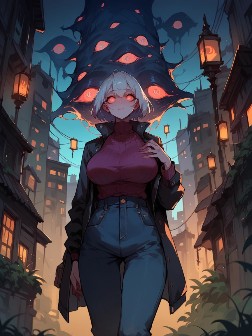 score_9, score_8_up, score_7_up, score_6_up,   <lora:mult13y3XLP:0.7> mult13y3, multiple eyes, eyes, dark sky, night, city, 1girl, large breasts,