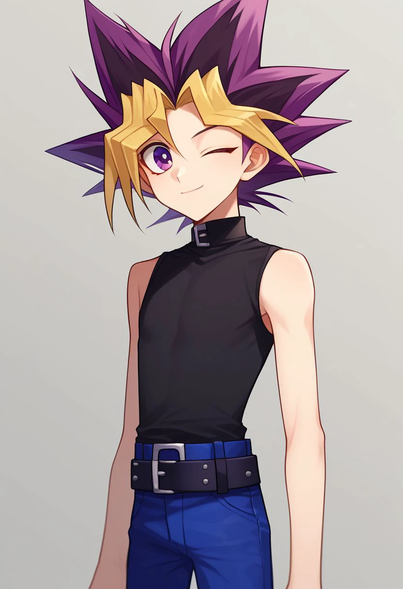 score_9, score_8_up, source_anime, highly detailed, 
1boy, male focus, solo, skinny, cute, dyed bangs, spiked hair, blonde hair, purple hair, dyed bangs, pants, bangs, shirt, blue pants,
purple eyes, black shirt, sleeveless, multicolored hair, standing, belt,
upper body, smile, wink,
outdoor,