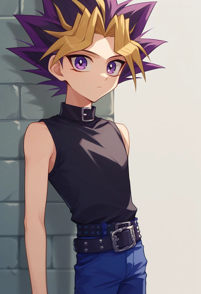 score_9, score_8_up, source_anime, highly detailed, 
1boy, male focus, solo, skinny, cute, dyed bangs, spiked hair, blonde hair, purple hair, dyed bangs, pants, bangs, shirt, blue pants,
purple eyes, black shirt, sleeveless, multicolored hair, standing, belt,
upper body,
outdoor,