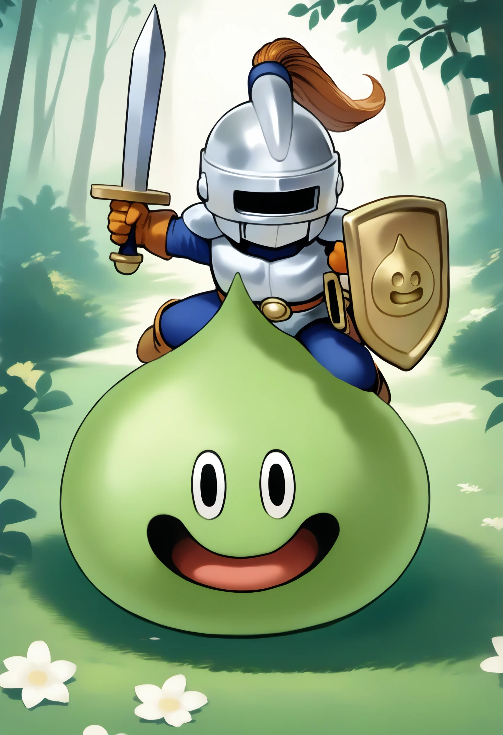 score_9,score_8_up,score_7_up,best quality,masterpiece,super detailed,extreme detailed,full_body,zPDXL BREAK forest,night,
<lora:Pony_DetailV2.0:1>,slime knight,slime_(dragon_quest),:d,armor,helmet,holding shield,holding sword,knight,<lora:slime knight:1>,sketch,laughing,