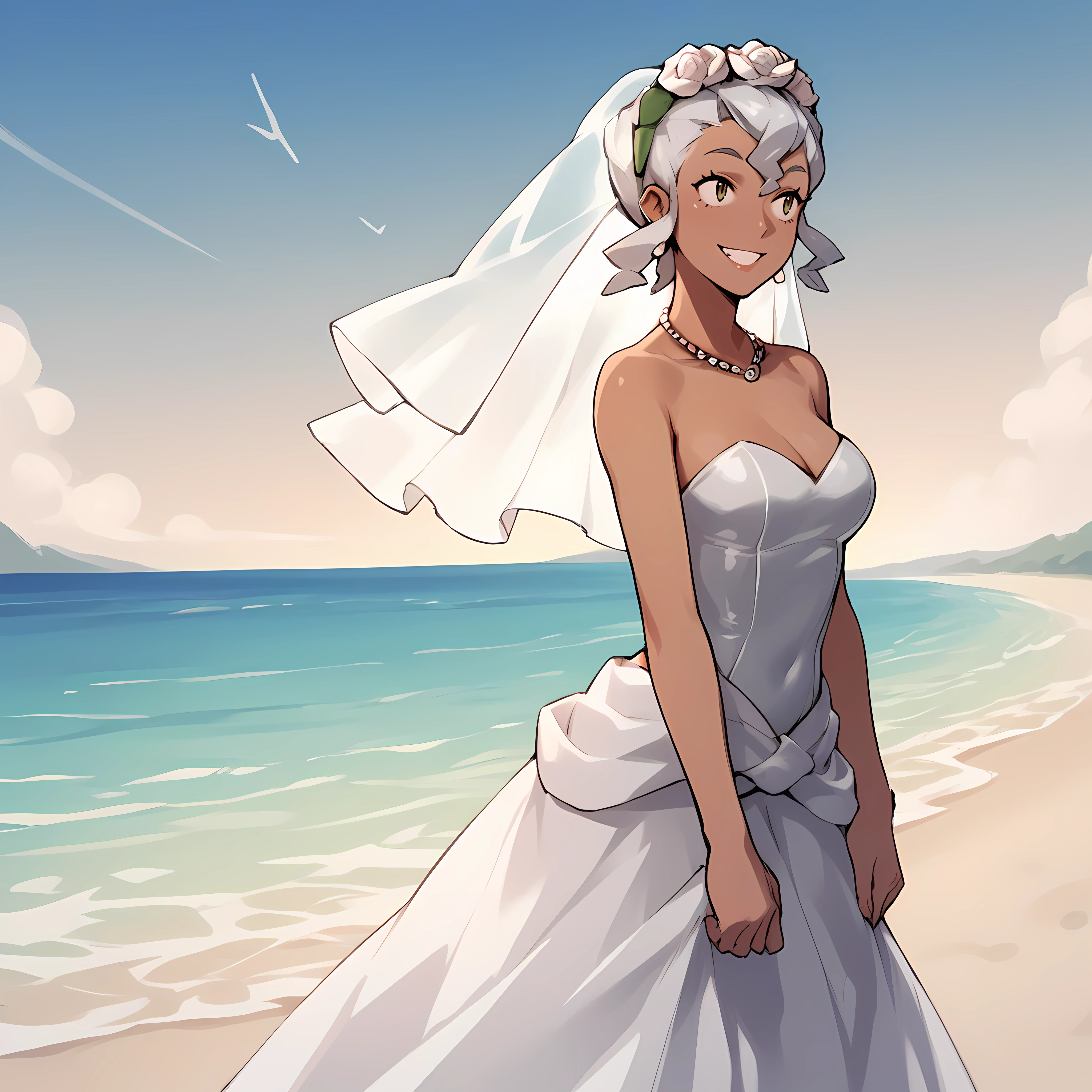 score_9,score_8_up,score_7_up,score_6_up,source_anime,rating_questionable, <lora:Professor_Burnet_-_Pokemon_SM:0.8> ProfBurnet_SM, Dark-Skinned Woman,Beach, wedding dress, smile, looking into the distance, zPDXL2,