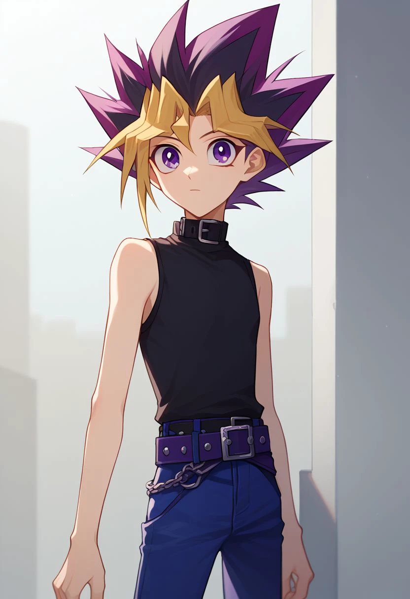 score_9, score_8_up, source_anime, highly detailed, 
1boy, male focus, solo, skinny, cute, dyed bangs, spiked hair, blonde hair, purple hair, dyed bangs, pants, bangs, shirt, blue pants,
purple eyes, black shirt, sleeveless, multicolored hair, standing, belt,
upper body,
outdoor,