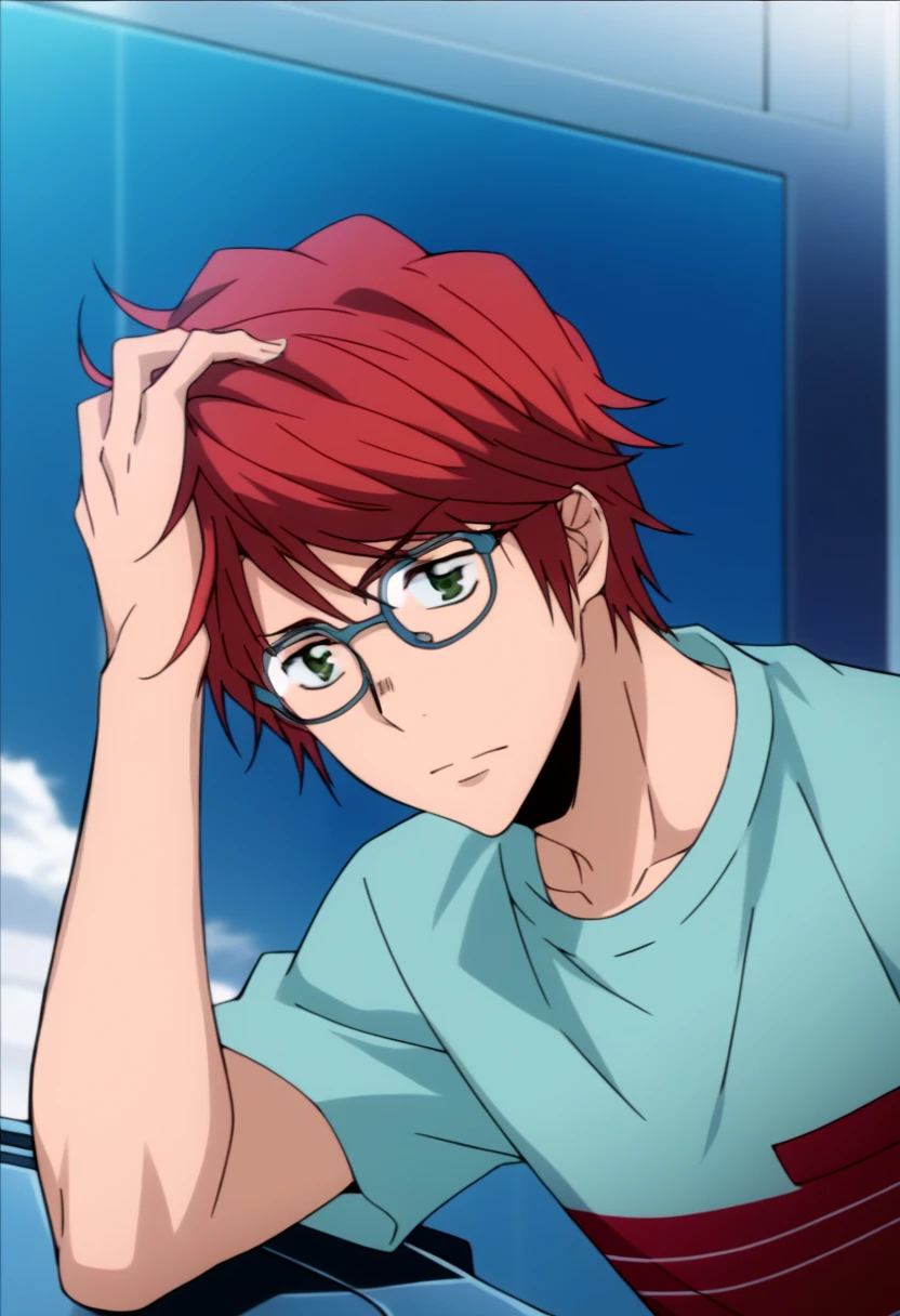 score_9, score_8_up, score_7_up, score_6_up, highly detailed, masterpiece, best quality,detailed,intricate details, amazing quality, best aesthetic, absurdres, shoichi irie, red hair, green eyes, glasses, 1boy, male focus, solo, blue shirt, t-shirt, hand on own head, upper body<lora:EMS-391474-EMS:1.000000>