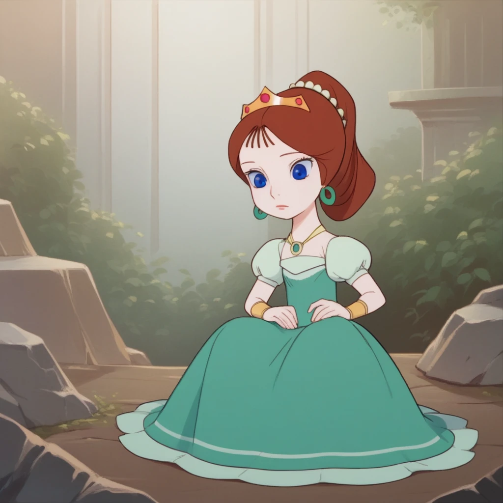 score_8_up, BREAK,   PrincessCamille, 1girl, solo, long hair,  brown hair, ponytail, blue eyes, tiara, crown, earrings, necklace,   green dress, short sleeves, puffy short sleeves,   <lora:PrincessCamille_LittleNemo_PXL_Leaf1:1>, full body, sitting on rock