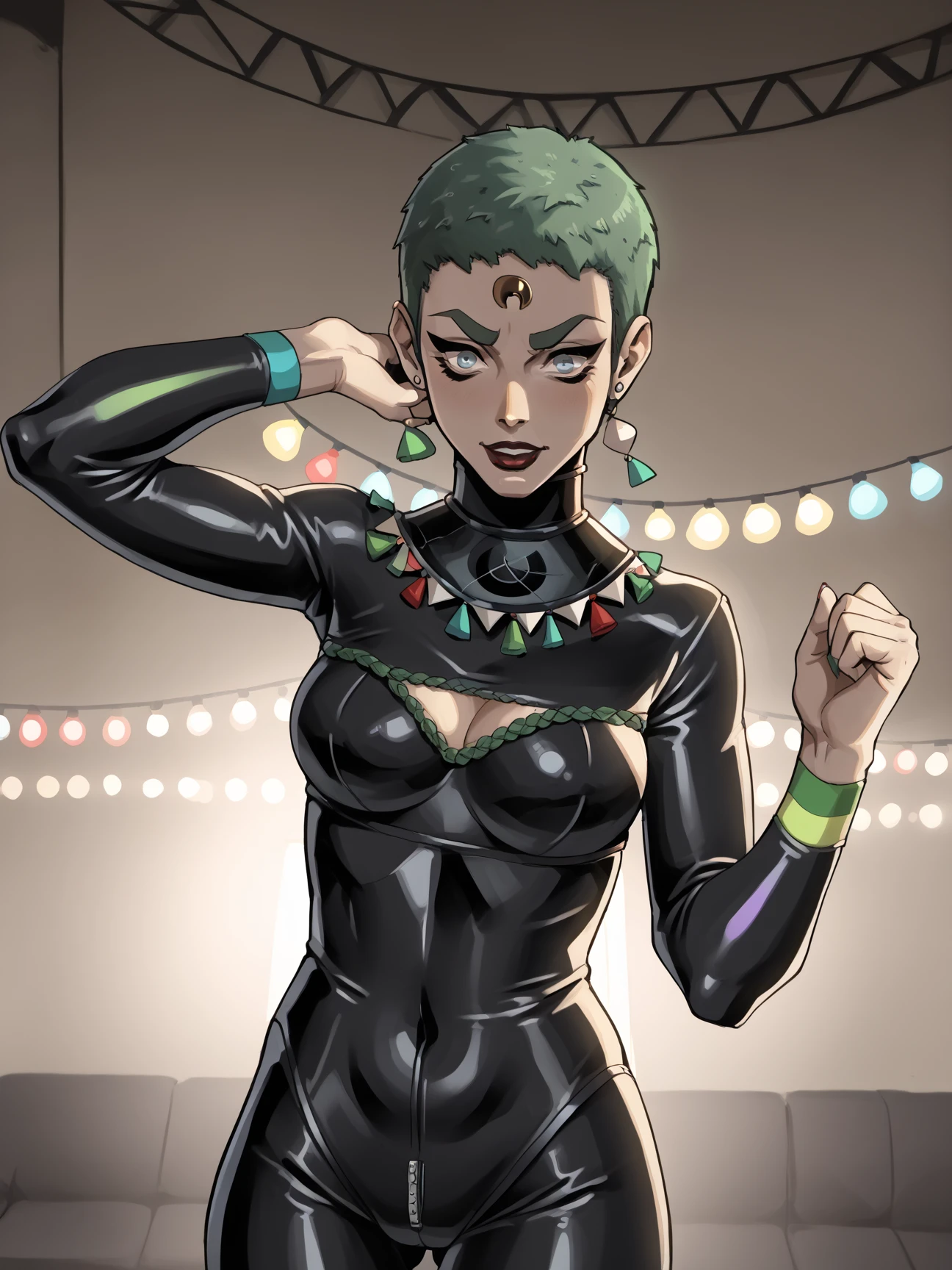 score_9, score_8_up, score_7_up, score_6_up, score_5_up , source_anime BREAK
1igrl, hades2eris ,forehead mark,<lora:erisPony:1>, short hair,  green hair, black latex catsuit, collar, at a dance club, dancing, colored lights, ,