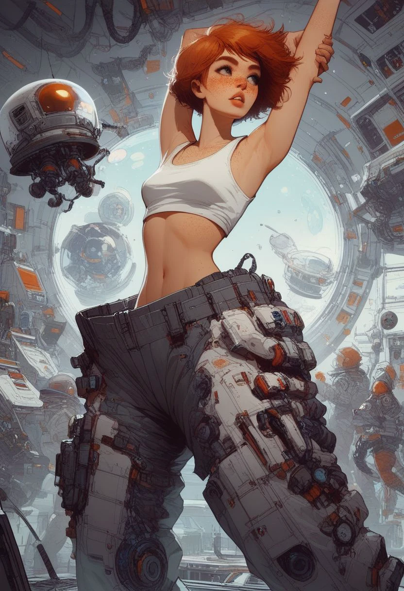 score_9, score_8_up, score_8_up, 1girl, solo, woman wearing astronaut pants, mechpants, 22 years old, short messy ginger hair, tank top, midriff, stretching, thin crop top, small breasts, freckles, science fiction, spaceport, dark eyebrows