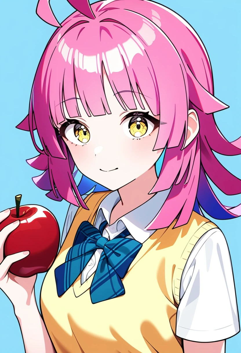 1girl, tennouji rina, holding apple, yellow eyes, short sleeves white shirt and blue bowtie and yellow sweater vest otonokizaka school uniform, medium hair, simple blue background, masterpiece, newest, absurdres, safe <lora:SPO-SDXL_4k-p_10ep_LoCon:1>