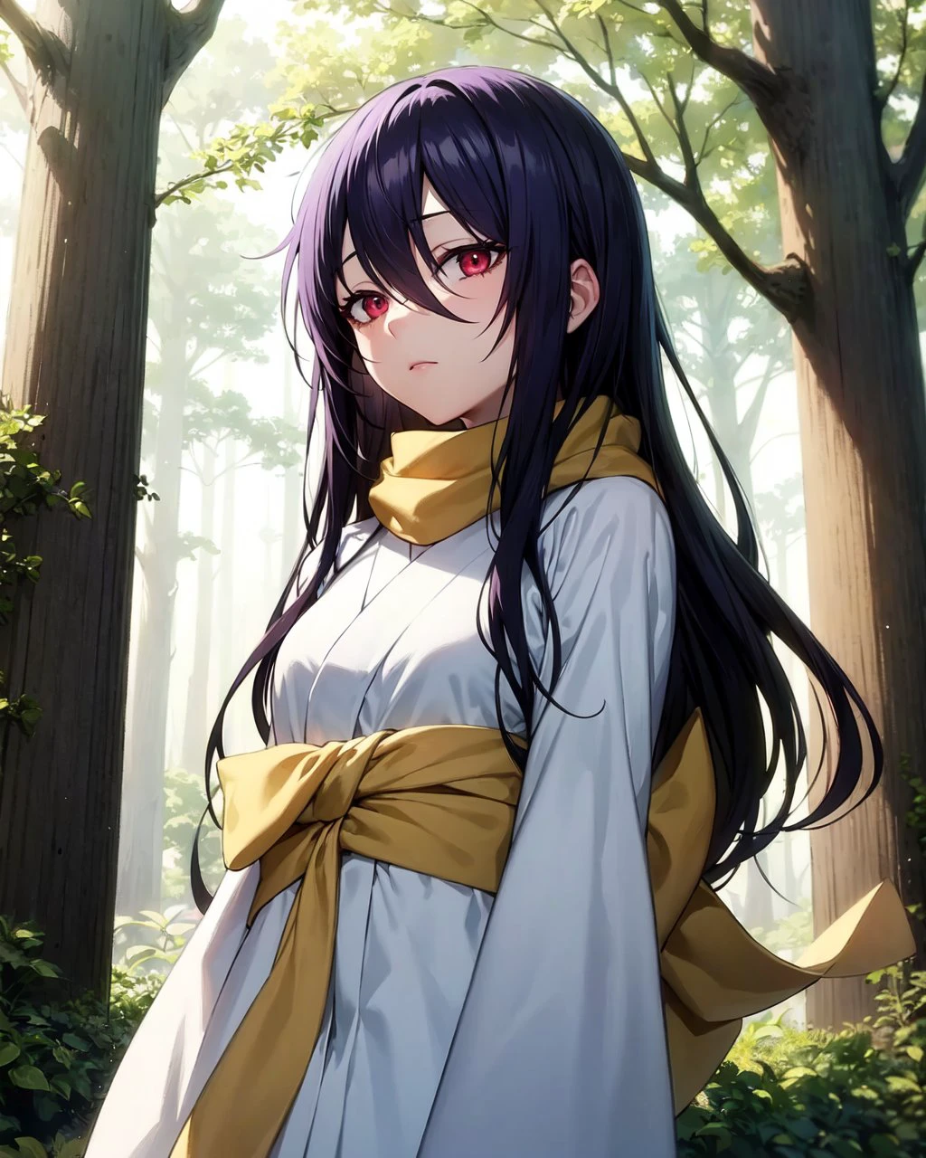 (forest:1.1) BREAK
Setsura,1girl,adult,long hair,pale_skin,hair between eyes,black hair,purple hair,two-tone hair,red eyes BREAK
white kimono,white obi,yellow scarf,white wide_sleeves,white long_sleeves BREAK
standing,expressionless,<lora:Setsura:0.7>,