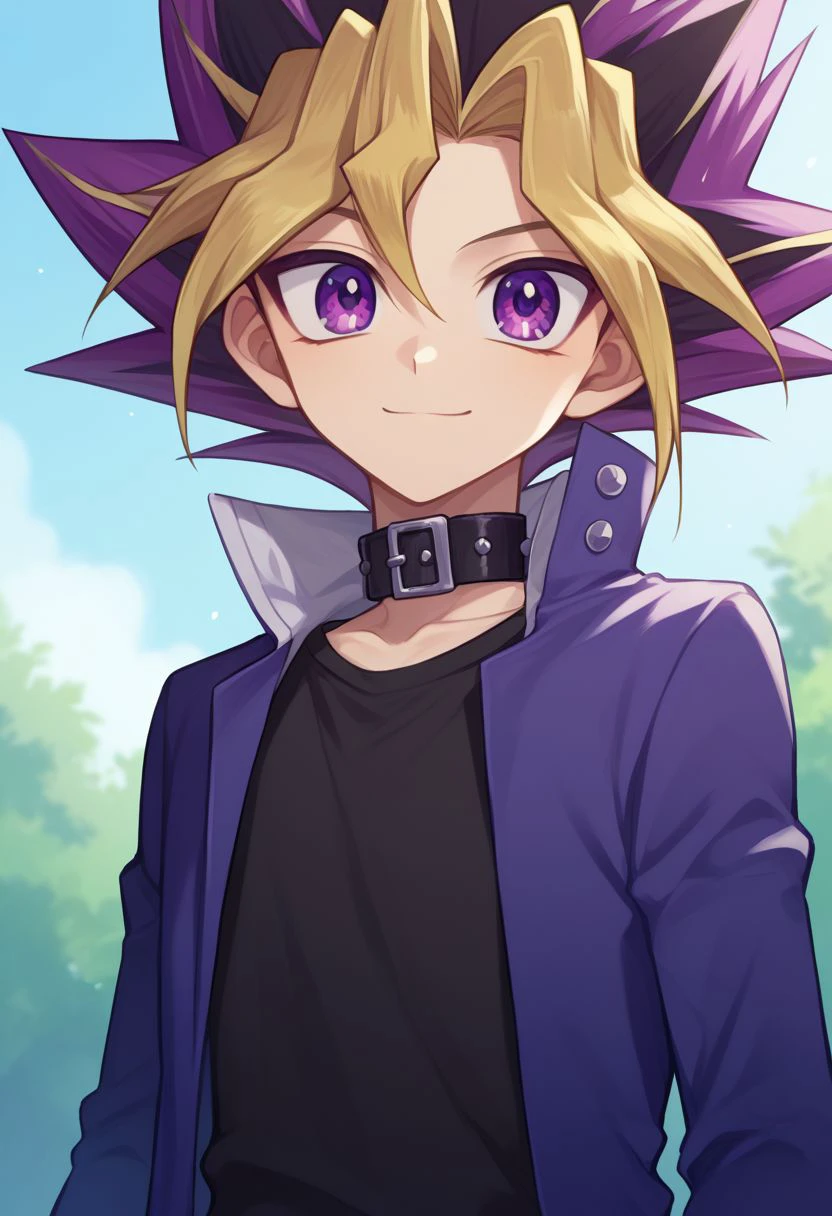 score_9, score_8_up, source_anime, highly detailed, 
yugi, 1boy, skinny, cute, male focus, solo, dyed bangs, smile, purple eyes, blonde hair, spiked hair, bangs, shirt, collar, multicolored hair, jacket, black shirt, purple hair, 
outdoor,