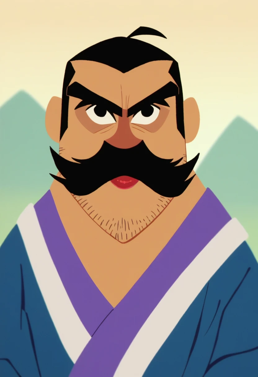 score_9, score_8_up, score_7_up, score_6_up, solo, looking at viewer, short hair, simple background, black hair, 1boy, male focus, outdoors, black eyes, facial hair, thick eyebrows, portrait, beard, mature male, mustache, fat, sumo wrestler, kimono, fat man, thick lips, thick mustache, <lora:samurai_jack:1>