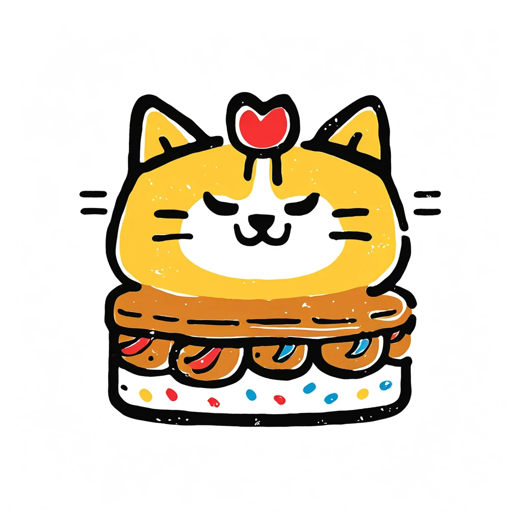 abstract style, Brand Identity Design, Cats, cakes, white background, Cartoon characters, Minimalist lines,non-representational, colors and shapes, expression of feelings, imaginative, highly detailed,