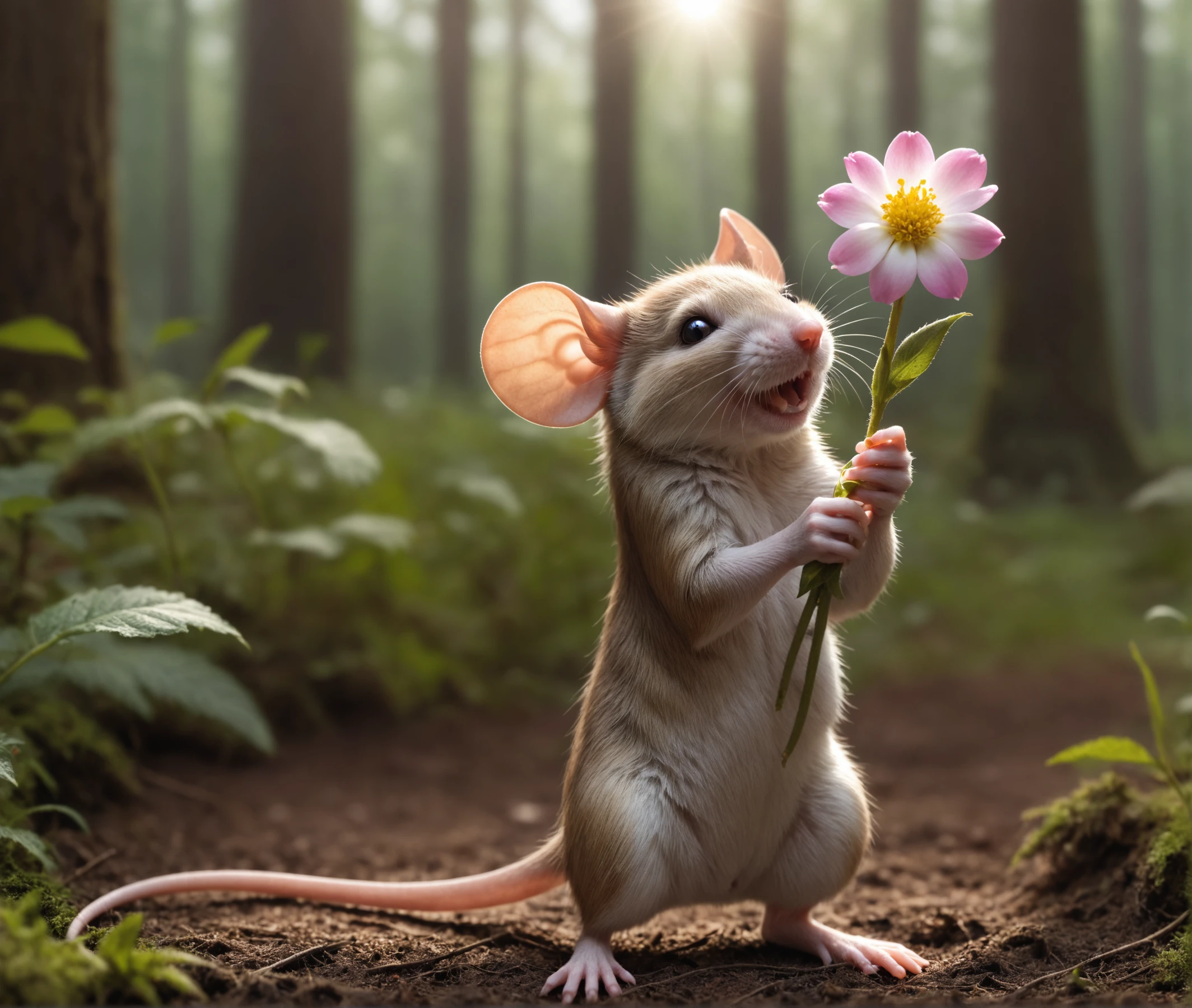 nature shot photo a mouse is holding a flower, forrest ground, natural light <lora:Furry Enhancer 6.1:0.4>