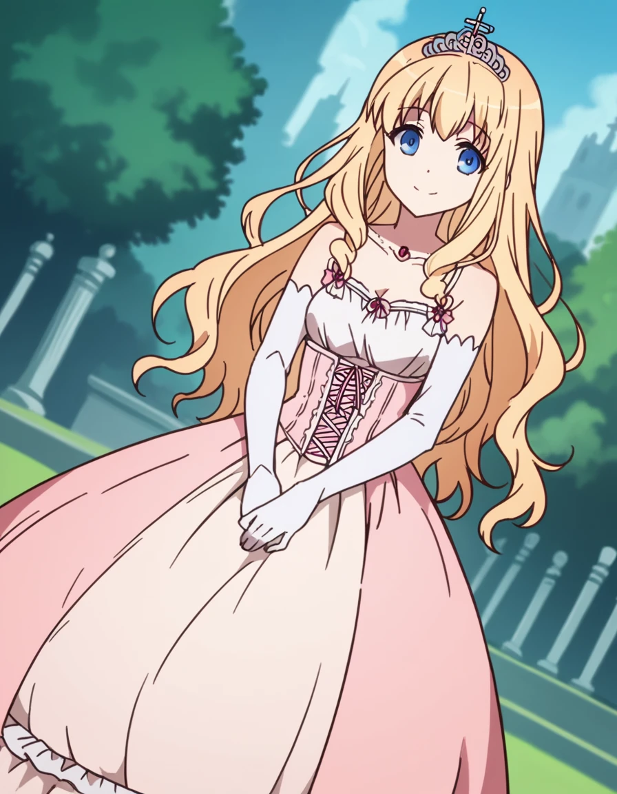 score_9, score_8_up, score_7_up, source_anime,
latifafleuranza, <lora:latifa-fleuranza-s1-ponyxl-lora-nochekaiser:1>,
latifa fleuranza, blonde hair, blue eyes, long hair,
diadem, tiara, elbow gloves, gloves, white gloves, dress, frilled dress, long skirt, frilled skirt, corset, pink dress,
outdoors, amusement park, smile,
looking at viewer, cowboy shot, dutch angle, solo,