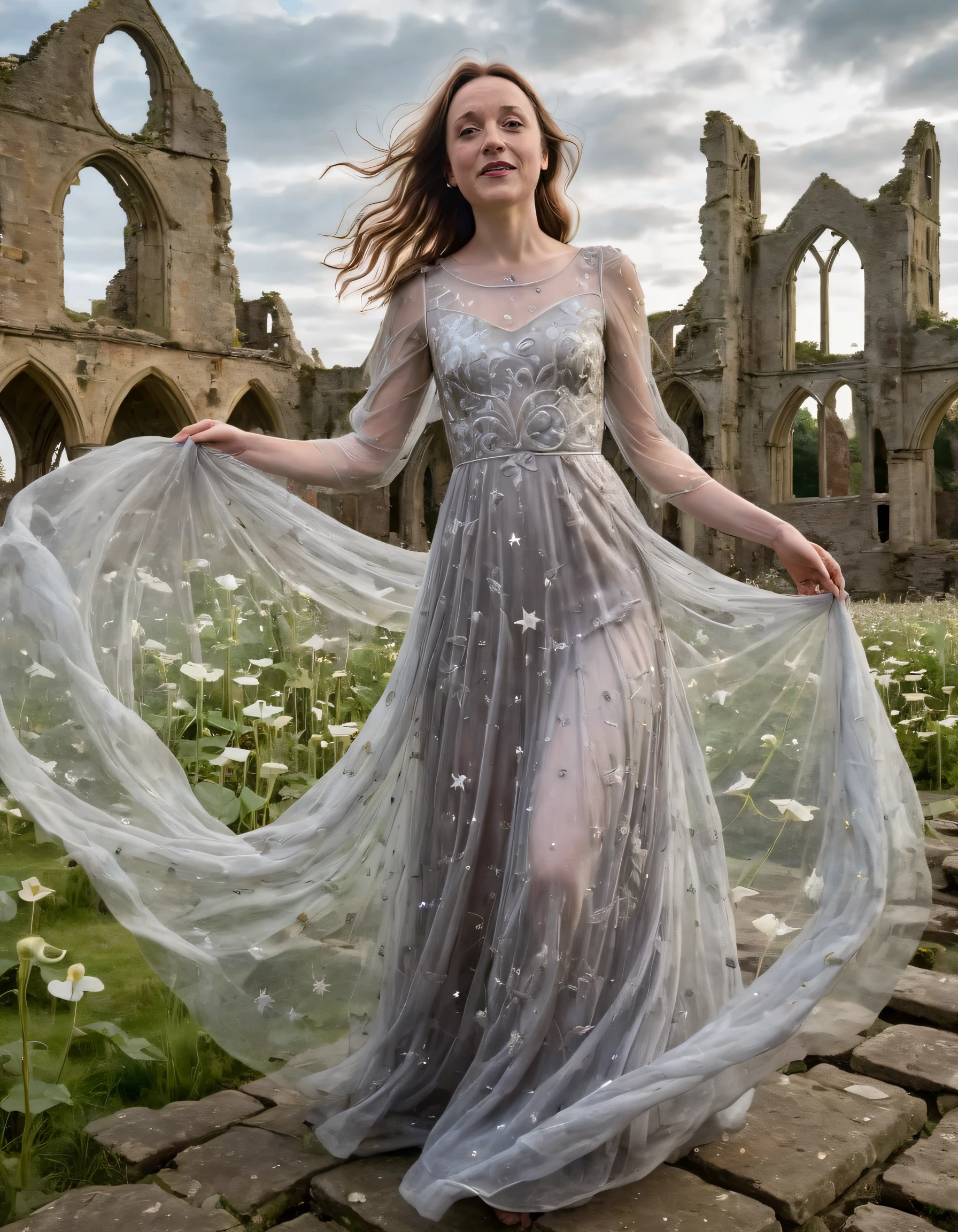 Harriet Slater, resplendent in a gossamer-thin gown embroidered with shimmering silver moonflowers, floats like a diaphanous specter amidst the crumbling ruins of an ancient abbey under a sky swirling with twinkling stars. <lora:wtqwyo18ff2c060f5va:1>