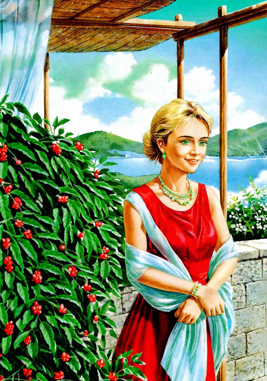 (1girl), (aqua), 25 years old, (detailed face), ((masterpiece)), ((extremely detailed eyes)), ((best quality)), (realistic proportion), ((8k_wallpaper)), (from above:1.1), ((extremely detailed village background)), ((blonde hair)), ((red short dress)), thick edge, (laying), luxury suite, (fluttered confetti), elegant pose, (illustration), wild wimp, thigh tight, (shadow stitch), cleavage, beautiful eyeshade, ancient kingdom, powerful, charming smile, draped of transparent fabrics, ((shiny green eyes)), precious necklace and earrings and bracelets, crystalize sky, blushing, morning, mist, balcony, (flowers), (overgrown plants), <lora:Old_Magazine_Illustrastion-0:1>, <lora:negativeXL_D:1>