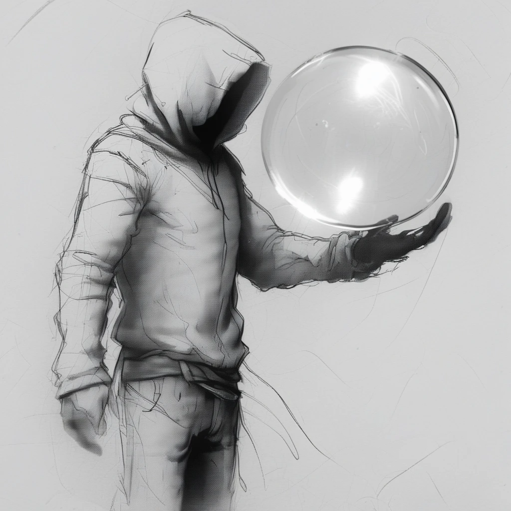 artbby, character concept, glass sphere, 1boy, outstretched arms, hoodie, weapon, from behind, from side, greyscale, hatching (texture), simple background, black gloves, cowboy shot, blurry