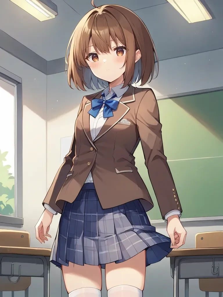 rating_safe, score_9, score_8_up, score_7_up, source_anime, <lora:mahoushoujoprismshirleyponyB:1>,
1girl, solo, saoriprismshirley, brown hair, short hair, brown eyes, brown blazer, white shirt, blue neck ribbon, long sleeves, grey plaid skirt, school uniform, white thighhighs, standing, :o, indoors, room