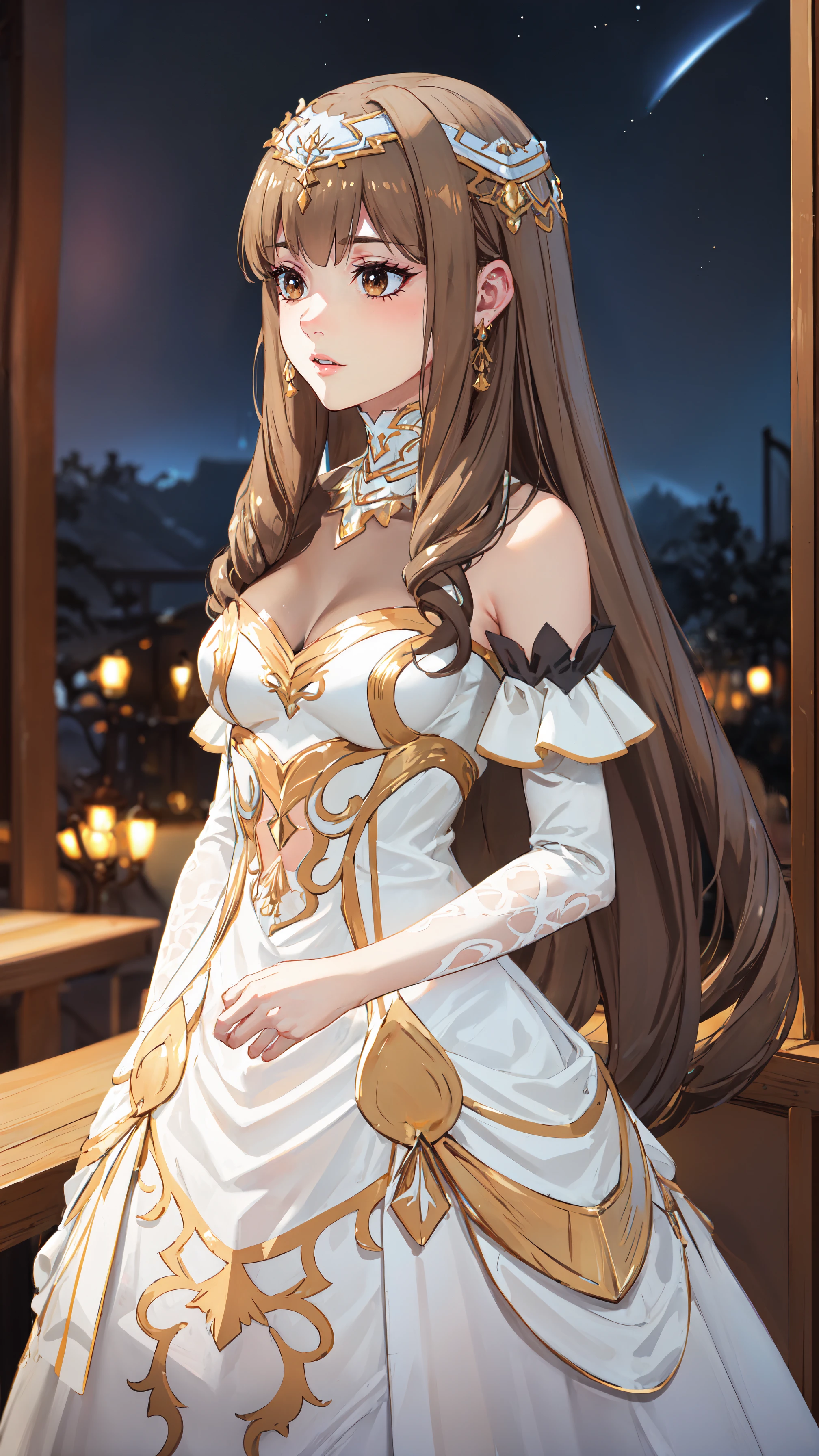 photorealistic, (4k), depth of field, (Masterpiece), (realistic skin texture), extremely detailed, intricate, hyper detailed, professional photography, bokeh, high resolution, sharp detail, best quality, girl, long hair, brown hair, brown eyes, hair accessories, choker, white dress, royal dress. bare shoulders, detached sleeves, <lora:GoodHands-vanilla:0.4>, <lora:detail_slider_v4:0.8> , dynamic pose, (lying on back), <lora:First Princess-000004:0.7>, ball gown, night, darkness, night sky, stars, outdoors, looking up,