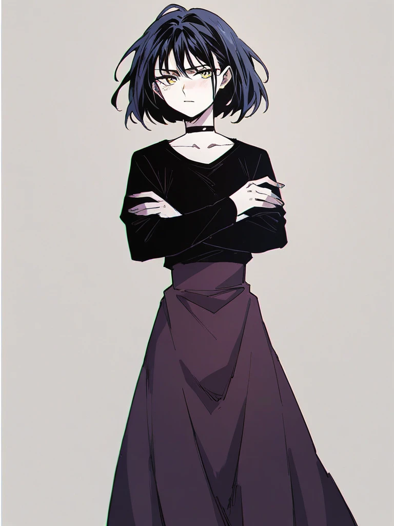 score_9, score_8_up, score_7_up, 
1girl, rosewood fox ludika, pale skin, yellow eyes, medium hair, black hair, bangs, 
frown, crossed arms, black choker, black t-shirt, long sleeves, long skirt, dark purple skirt,
