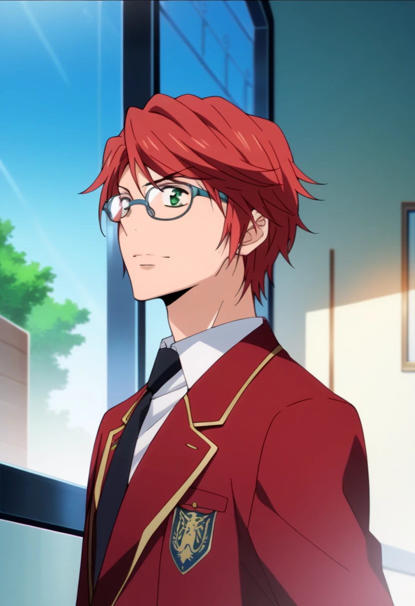 score_9, score_8_up, score_7_up, score_6_up, highly detailed, masterpiece, best quality,detailed,intricate details, amazing quality, best aesthetic, absurdres, shoichi irie, red hair, green eyes, glasses, 1boy, male focus, solo, red jacket, school uniform, black necktie, white shirt<lora:EMS-391474-EMS:1.000000>