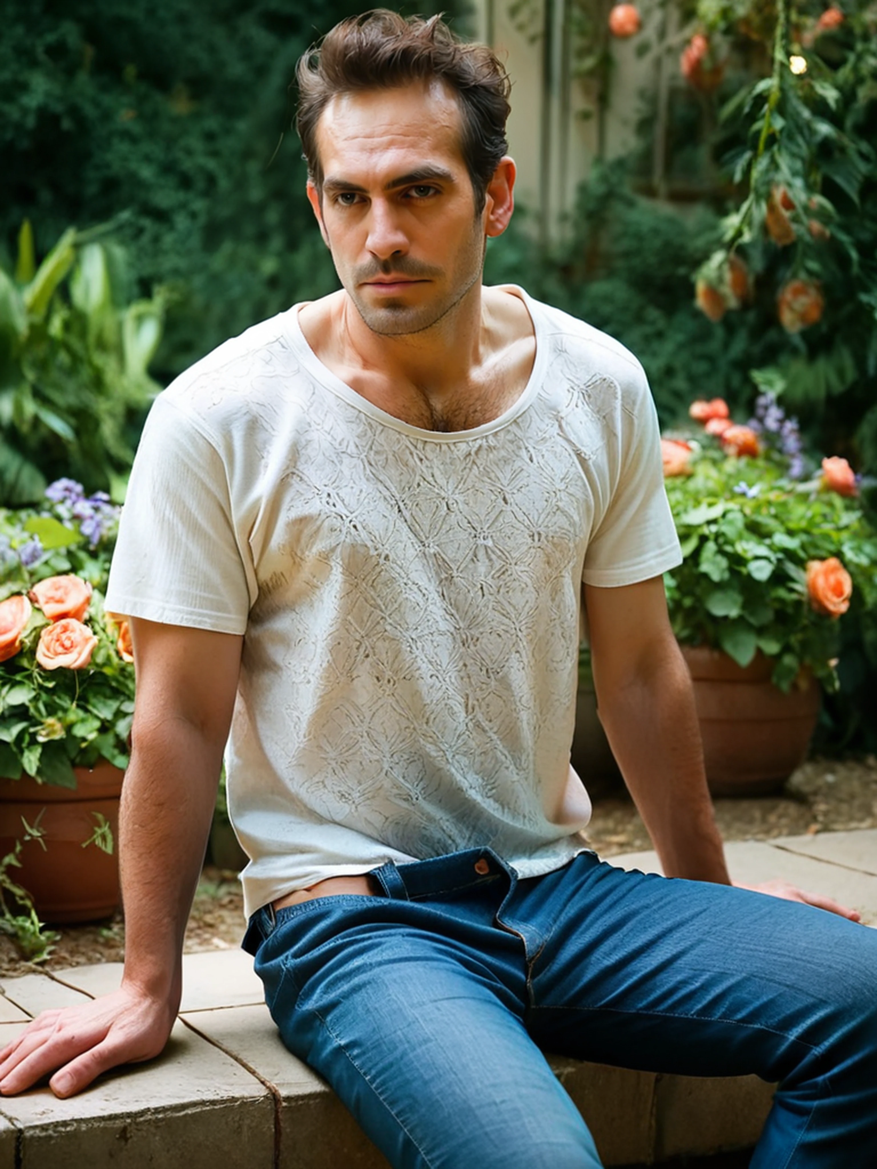 score_9, score_8_up,score_7_up, score_6_up, score_5_up, score_4_up, male bugra, man sitting in garden, athletic, jeans, shirt, looking to viewer, hairy chest, sunny day, volumineous light,   <lora:TRSerkan-Bugra-Pony:1>