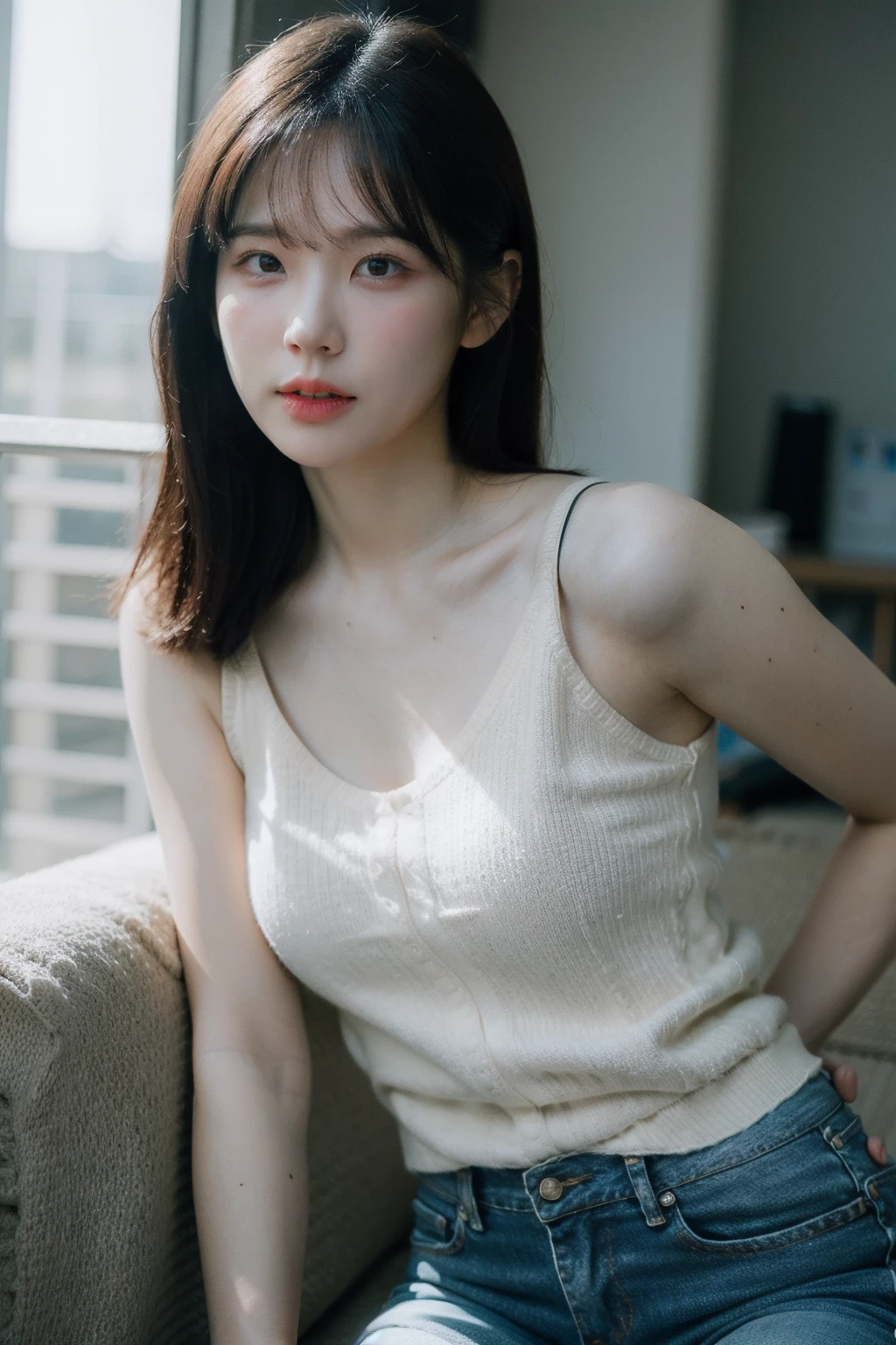 (realistic), (hyperrealism),best quality, masterpiece,ultra high res, (photorealistic:1.4),1girl,(looking at viewer:1.2),1girl, solo, realistic, looking at viewer, parted lips, short jeans, tanktop, upper body,
, <lora:makina69_woojunging_v2.0:1>