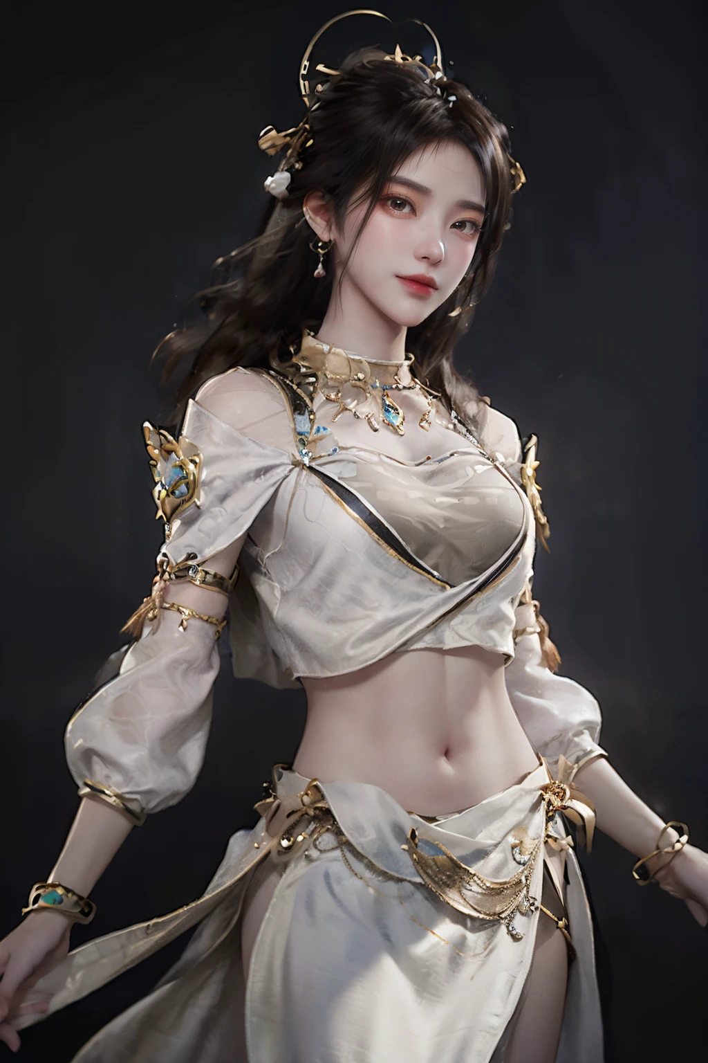 <lora:yaoxi:1>,shengnv,1girl,jewelry,solo,long hair,navel,earrings,bracelet,realistic,forehead mark,hair ornament,white skirt,midriff,brown hair,skirt,looking at viewer,facial mark,breasts,(simple background:1.8),grey background,