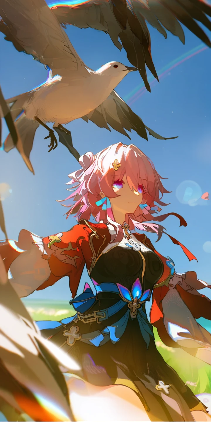 1girl,
march 7th \(honkai: star rail\),
solo, red sleeves, flower, sky, day, depth of field, lens flare, bokeh, chromatic aberration, sleeves past wrists, outdoors, grass, blue sky, wide shot, bird, blue sleeves, medium hair,
safe
<lora:mki-ani31-march_7th_The_Hunt-v2-000025:1> <lora:mki-ani31-ahriii-v1-000125:1>