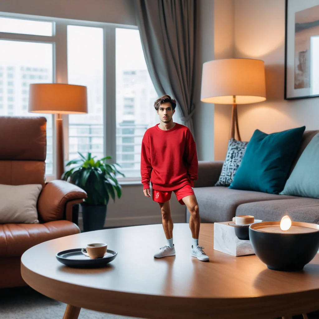 photograph, cinematic color grading, fantasy, ((tiny sized,shrunk, microxl):1.2) 1boy, man, wearing red baggy loose sweatshirt, loose baggy shorts, (tiny shrunk man sitting on coffee table edge), couch, lamp, living room, windows, apartment, indoors, dynamic light, long brown hair, Iranian face, tanned skin, 8k uhd, dslr, soft lighting, high quality, film grain, Fujifilm XT3, sharp focus, F/8.0,frowning face, <lora:microxl_sdxl_v2:1.2>