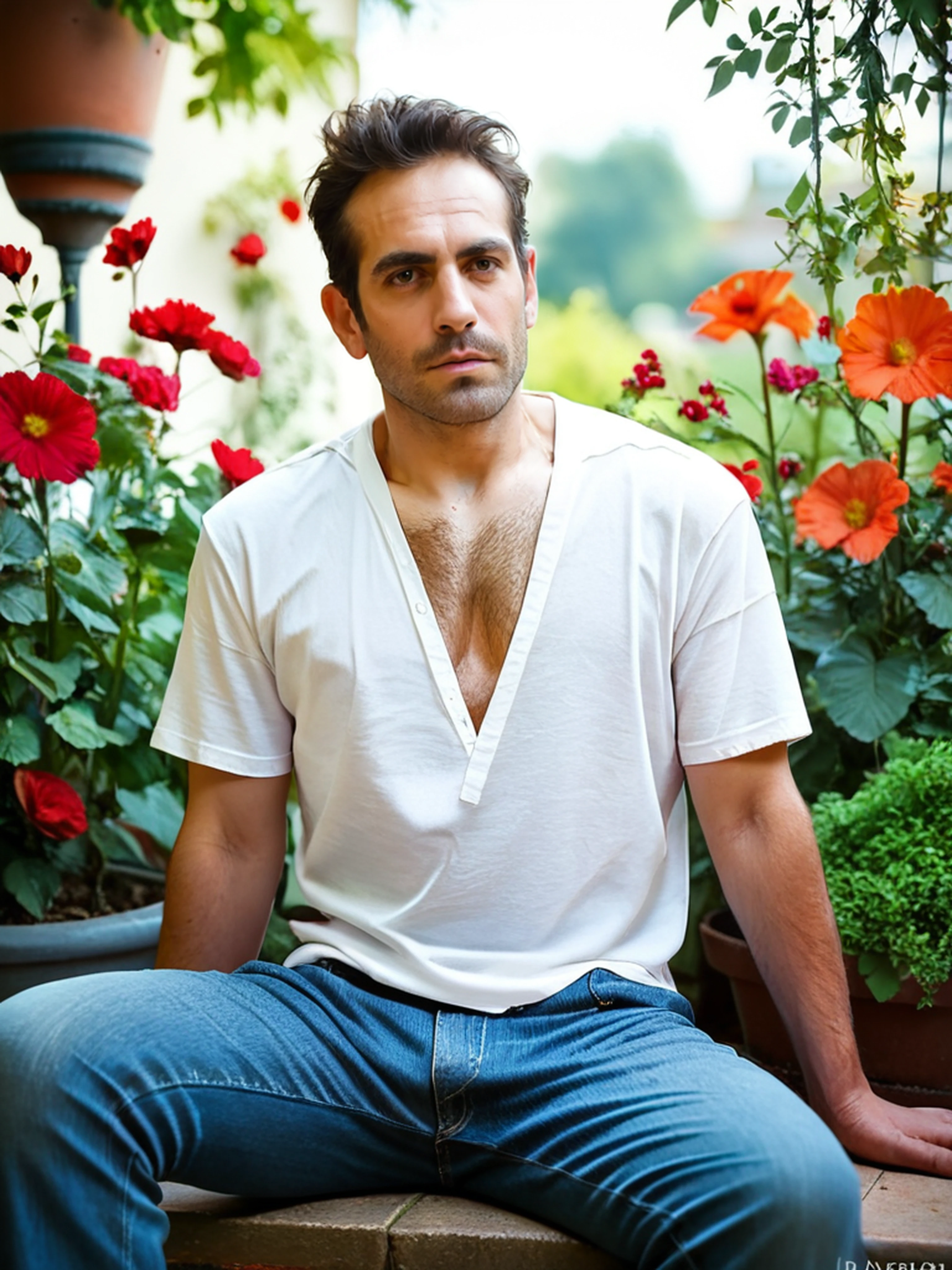 score_9, score_8_up,score_7_up, score_6_up, score_5_up, score_4_up, male bugra, man sitting in garden, athletic, jeans, shirt, looking to viewer, hairy chest, sunny day, volumineous light,   <lora:TRSerkan-Bugra-Pony:1>