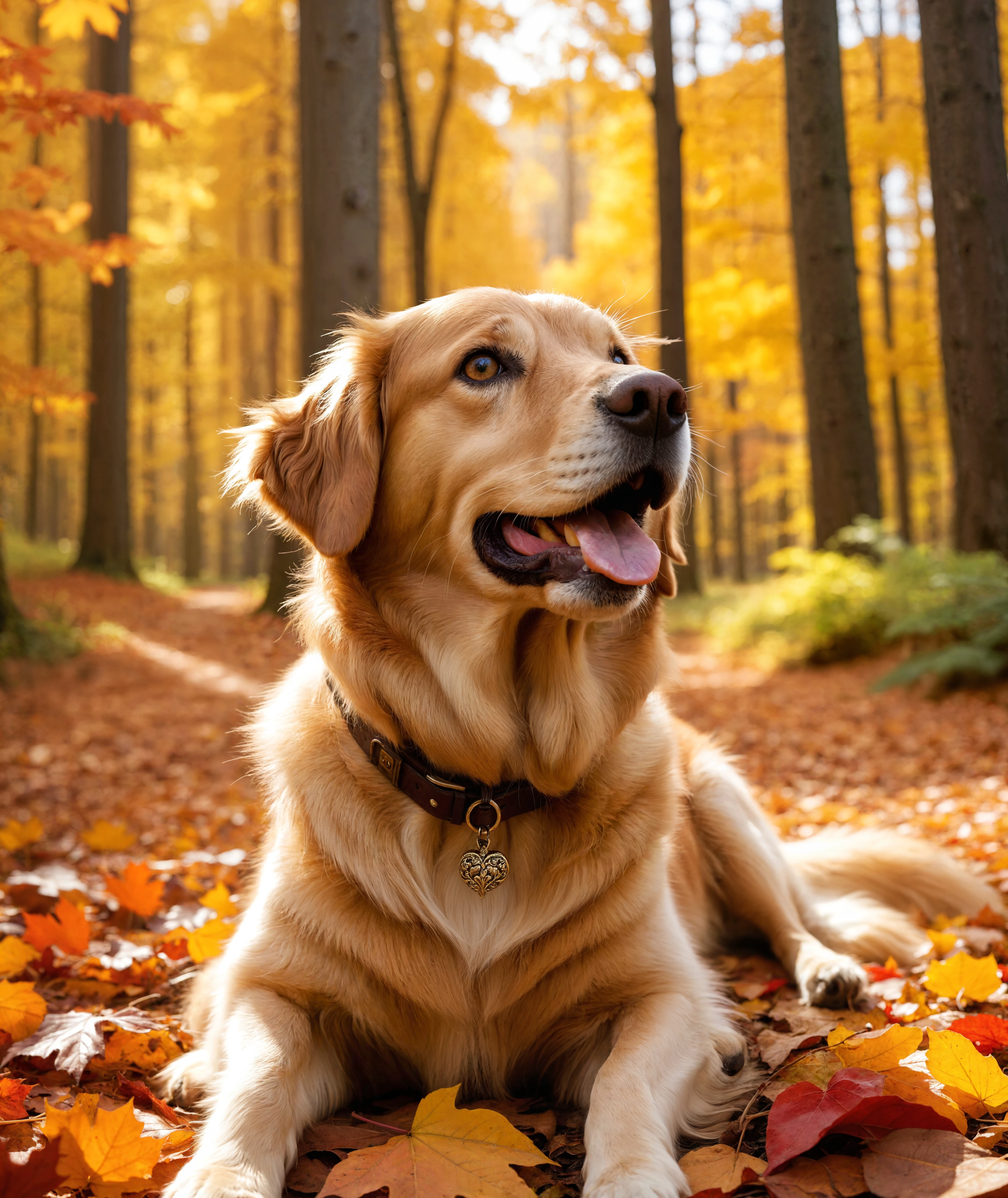 cinematic photo A golden retriever sits happily in a vibrant autumn forest. The dog's coat is a rich golden color,complementing the surrounding fall foliage. Bright red and orange leaves cover the ground,and the trees have a mix of golden and amber leaves. The forest is bathed in warm sunlight,creating a serene and picturesque atmosphere. The golden retriever looks content and joyful,with its tongue out and eyes sparkling,perfectly capturing the beauty and joy of a fall day in the forest,looking at the camera,cinematic,colorful background,concept art,8k,dramatic lighting,high detail,highly detailed,hyper realistic,intricate,intricate sharp details,octane render,smooth,studio lighting,trending on artstation.,cinematic photorealistic,8k uhd natural lighting,raw,rich,intricate details,key visual,atmospheric lighting,35mm photograph,film,bokeh,professional,4k,highly detailed . 35mm photograph,film,bokeh,professional,4k,highly detailed