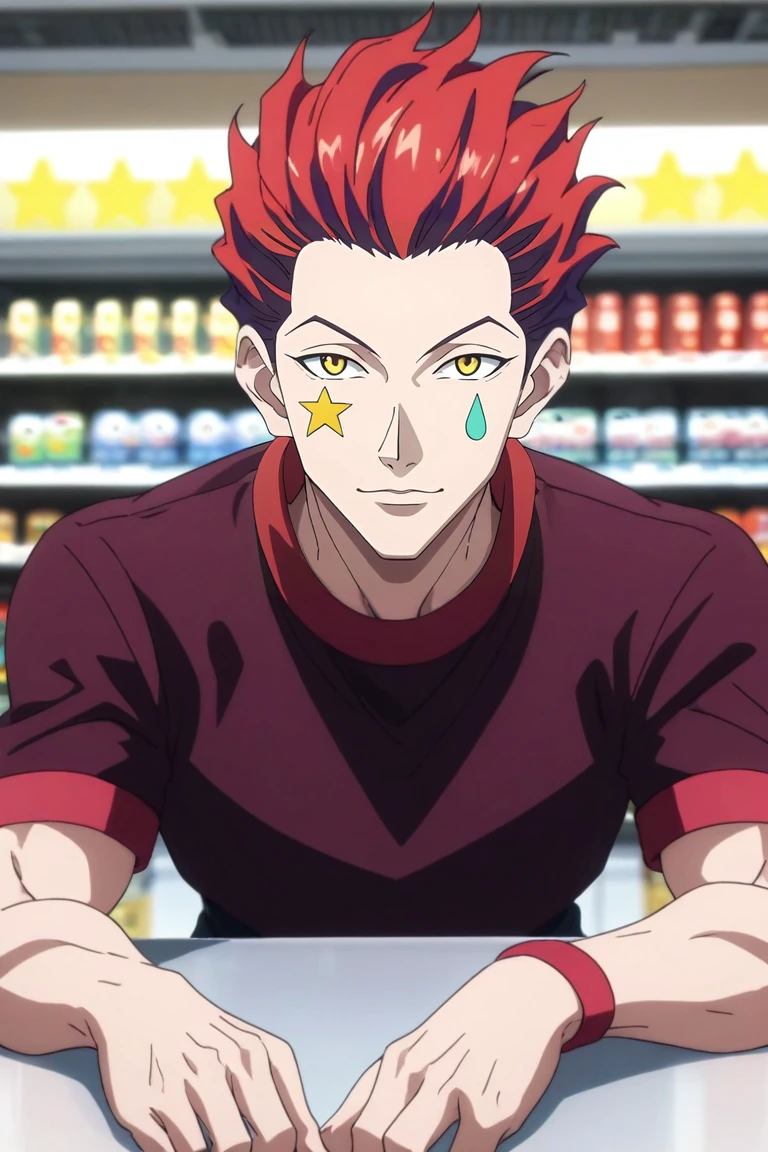 score_9, score_8_up, score_7_up, source_anime, rating_safe, , anime screencap, , official style, looking at viewer, , 1boy, solo, male focus, <lora:hisoka_morow_pony:0.74>, hisoka_morow, red hair, yellow eyes, facial mark, star (symbol), rule of thirds, store, convenience store, dawn, lying, on stomach, light smile, , <lora:sdxl_lightning_8step_lora:1>