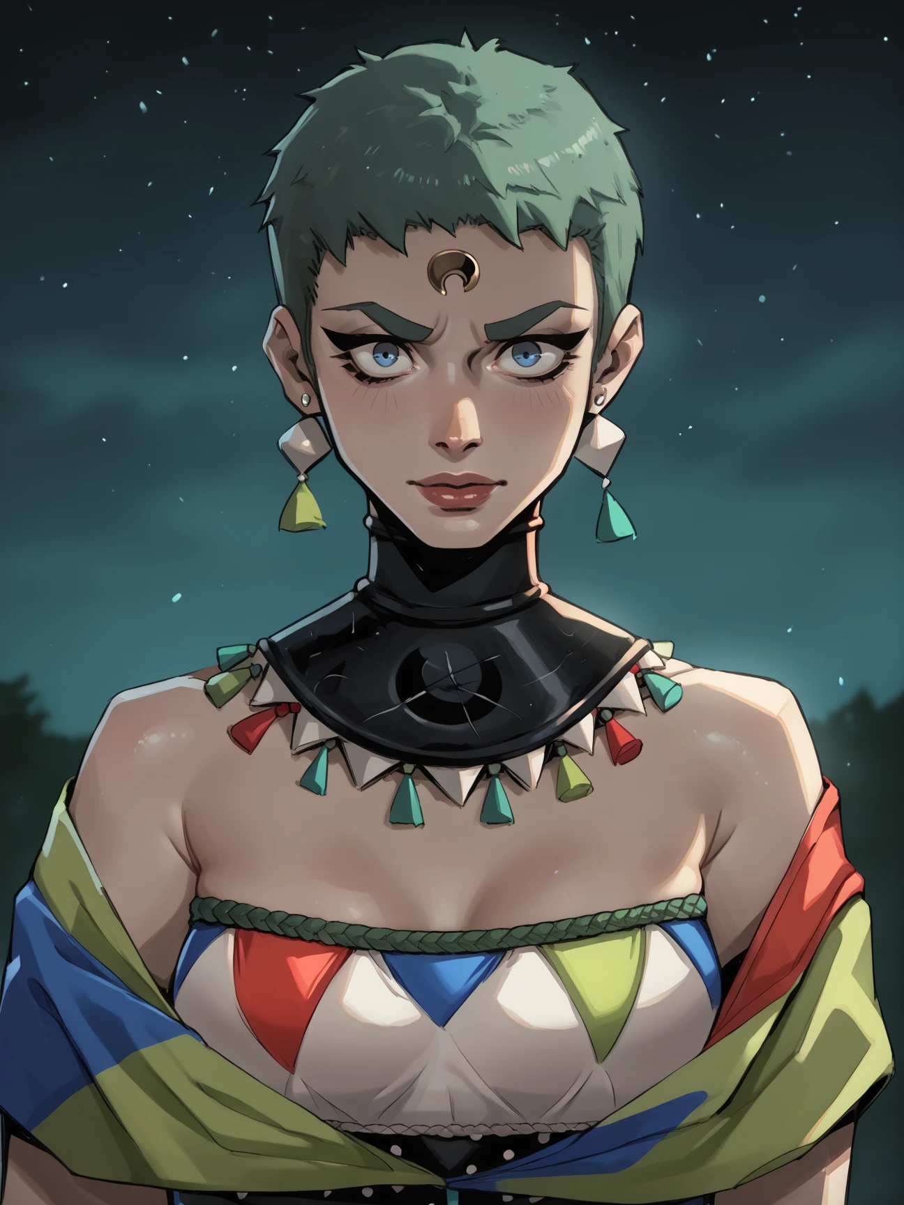 score_9, score_8_up, score_7_up, score_6_up, score_5_up , source_anime BREAK
1igrl, hades2eris ,forehead mark,<lora:erisPony:1>, short hair,  green hair, erisDress, collar, earrings, , portrait, breasts, ,
moonlight, particles, night, dark scene, cell shading, linear hatching,