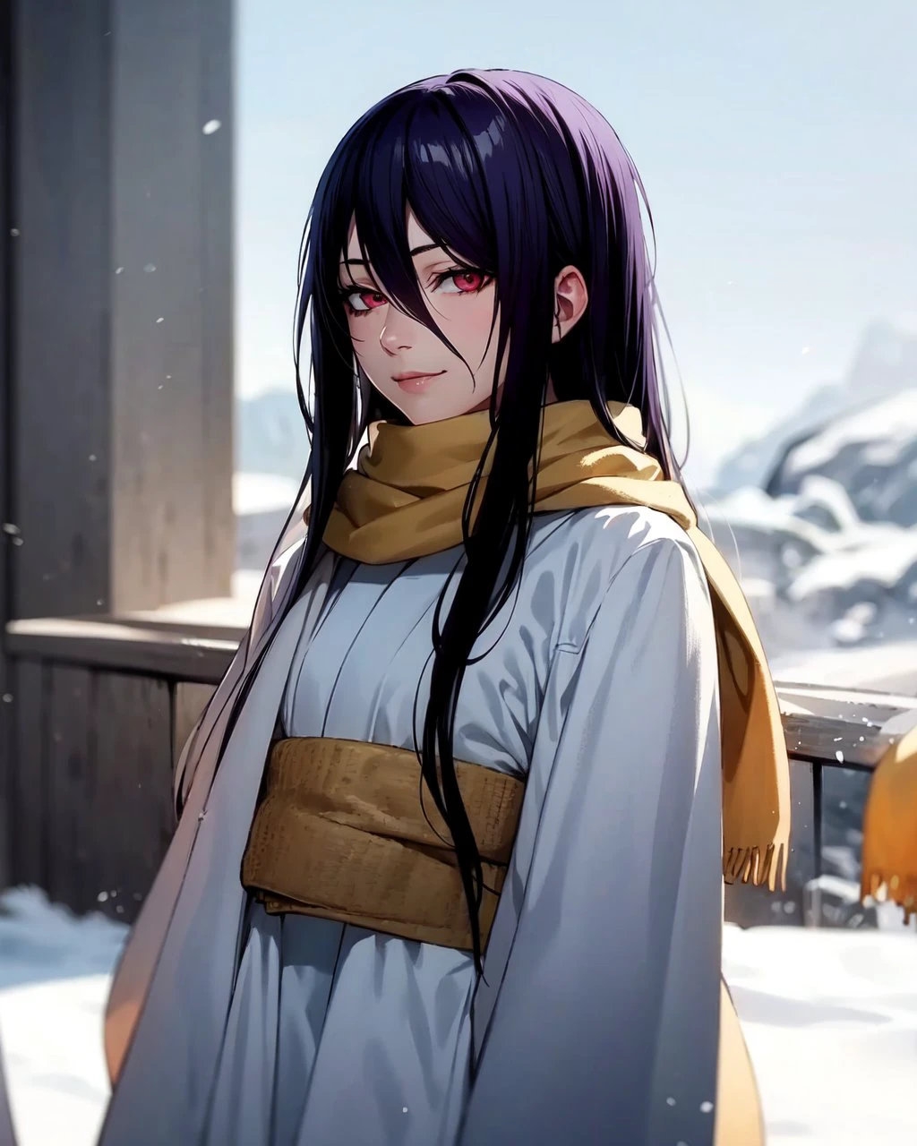 snow,ice BREAK
4k,(Masterpiece),(Realistic Skin Texture),Extremely Detailed,Refined,Super Detailed,Professional Photography,Bokeh,High Definition,Sharp Detail,Best Quality BREAK
Setsura,1girl,adult,long hair,pale_skin,hair between eyes,black hair,purple hair,two-tone hair,red eyes BREAK
white kimono,white obi,yellow scarf,white wide_sleeves,white long_sleeves BREAK
standing,smirk,<lora:Setsura:0.8>,