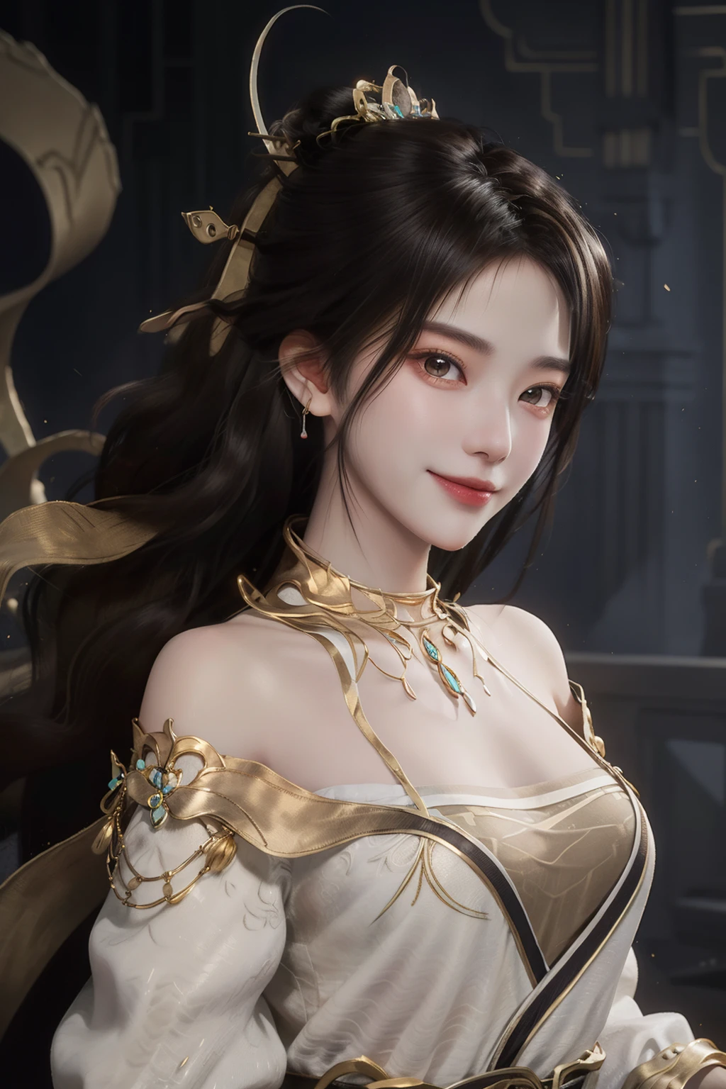 <lora:yaoxi:1>,shengnv,1girl,jewelry,solo,earrings,long hair,realistic,hair ornament,upper body,looking at viewer,brown eyes,brown hair,(simple background:1.2),black hair,necklace,bare shoulders,smile,breasts,Golden glowing background,