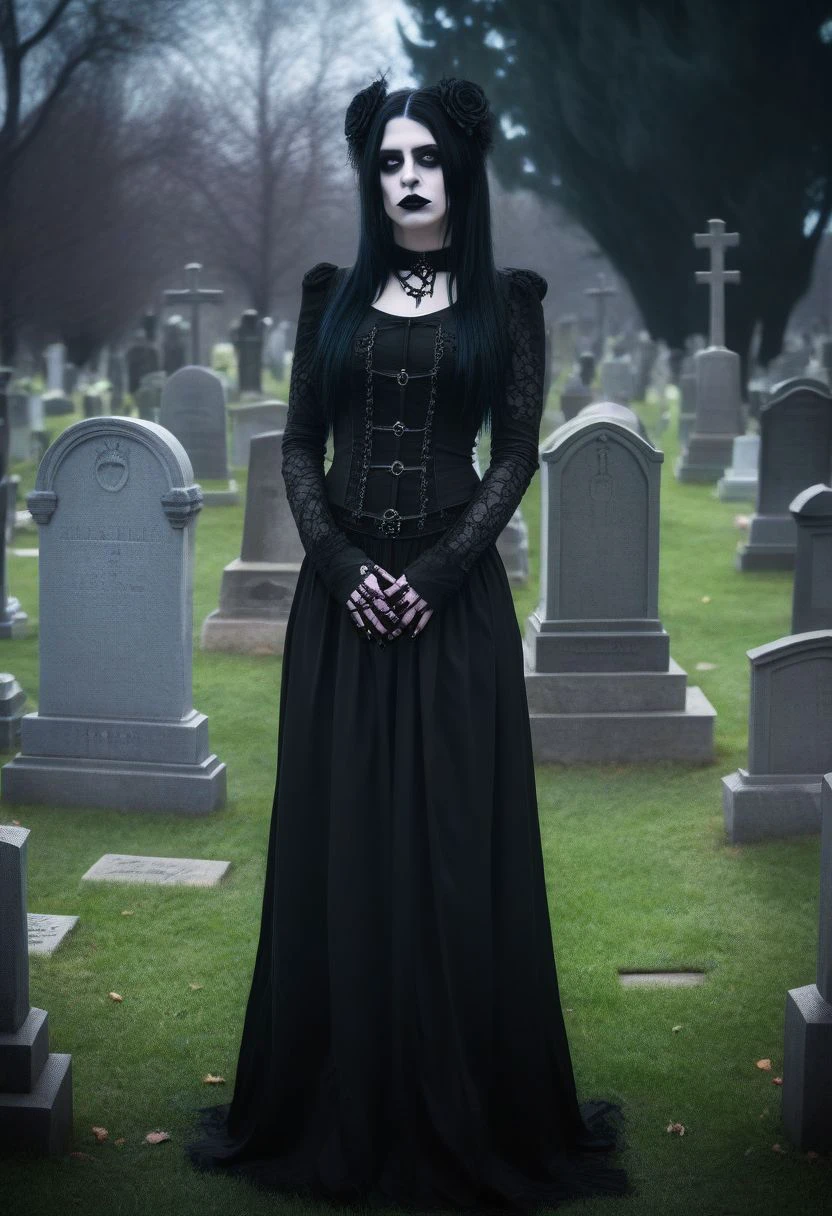 goth girl standing in the cemetery, day time,