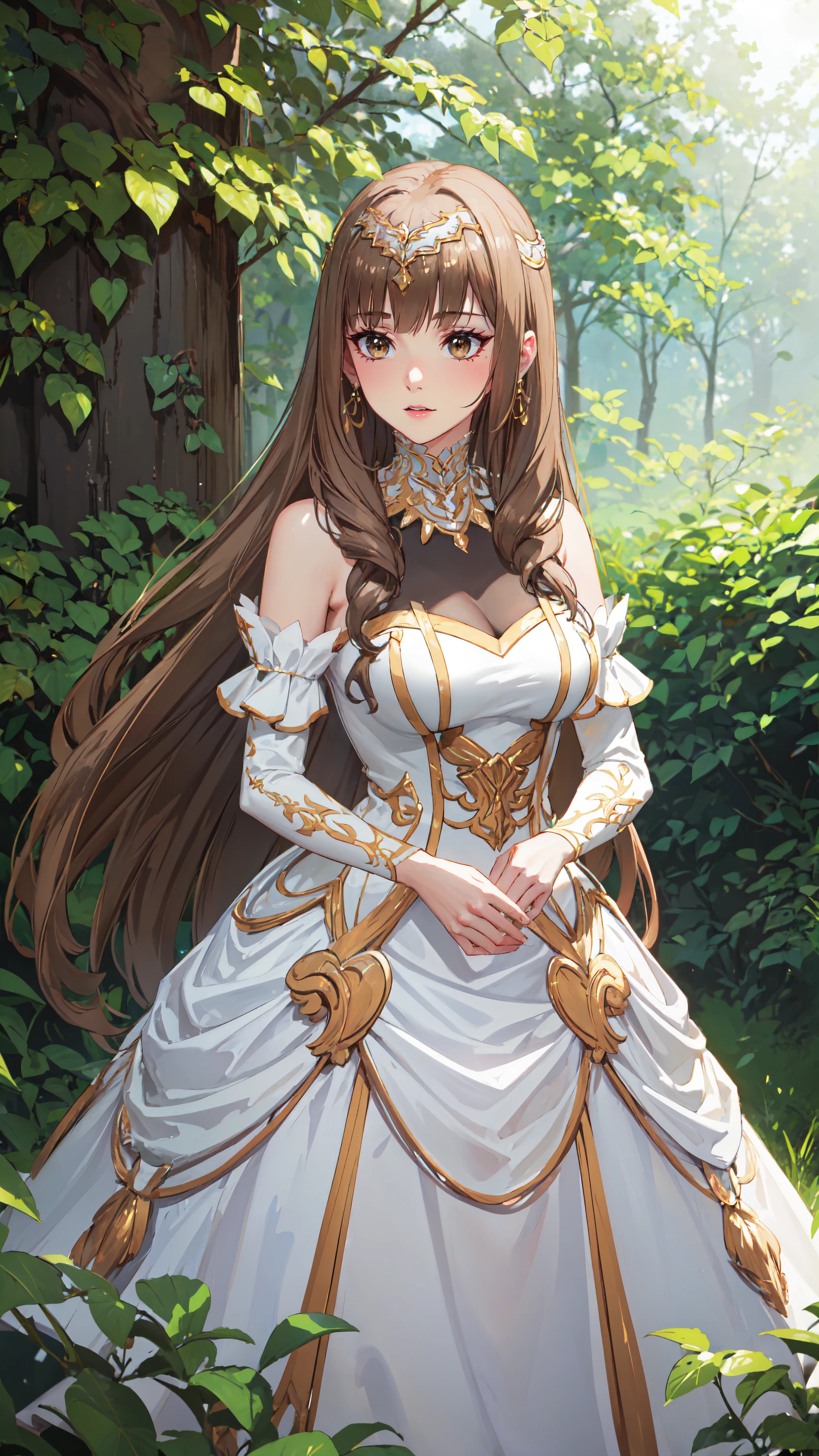 photorealistic, (4k), depth of field, (Masterpiece), (realistic skin texture), extremely detailed, intricate, hyper detailed, professional photography, bokeh, high resolution, sharp detail, best quality, girl, long hair, brown hair, brown eyes, hair accessories, choker, white dress, royal dress. bare shoulders, detached sleeves, <lora:GoodHands-vanilla:0.4>, <lora:detail_slider_v4:0.8> , dynamic pose, (toe-point), <lora:First Princess-000004:0.7>, ball gown, forest, tall grass, dark forest, overgrown, vines,