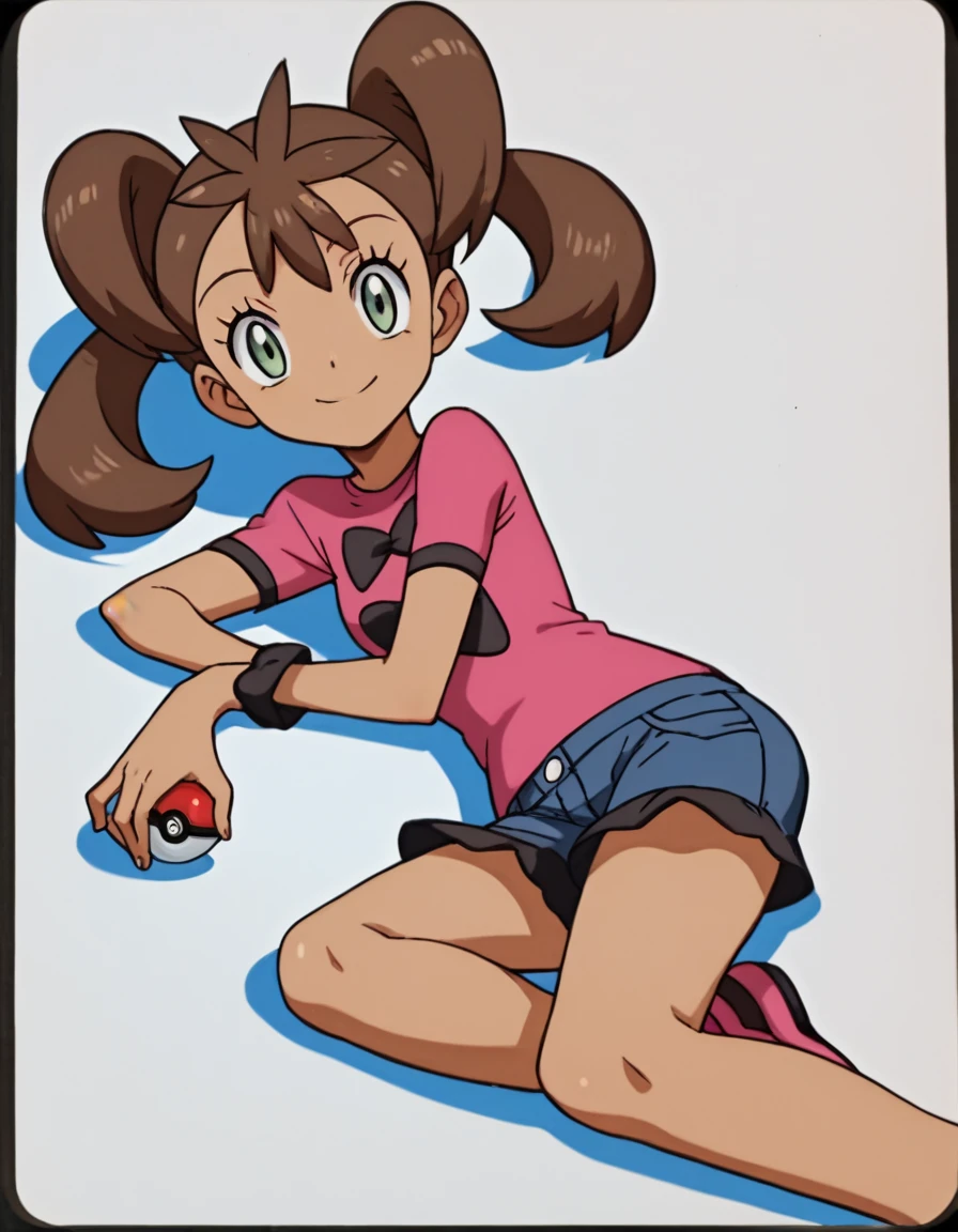 score_9, score_8_up, score_7_up, score_6_up, score_5_up, score_4_up, BREAK source_anime, anime screencap, <lora:ShaunaXL-05:1> ShaunaXL, 1girl, poke ball, solo, poke ball \(basic\), shorts, lying, on side, smile, looking at viewer, sketch, white background