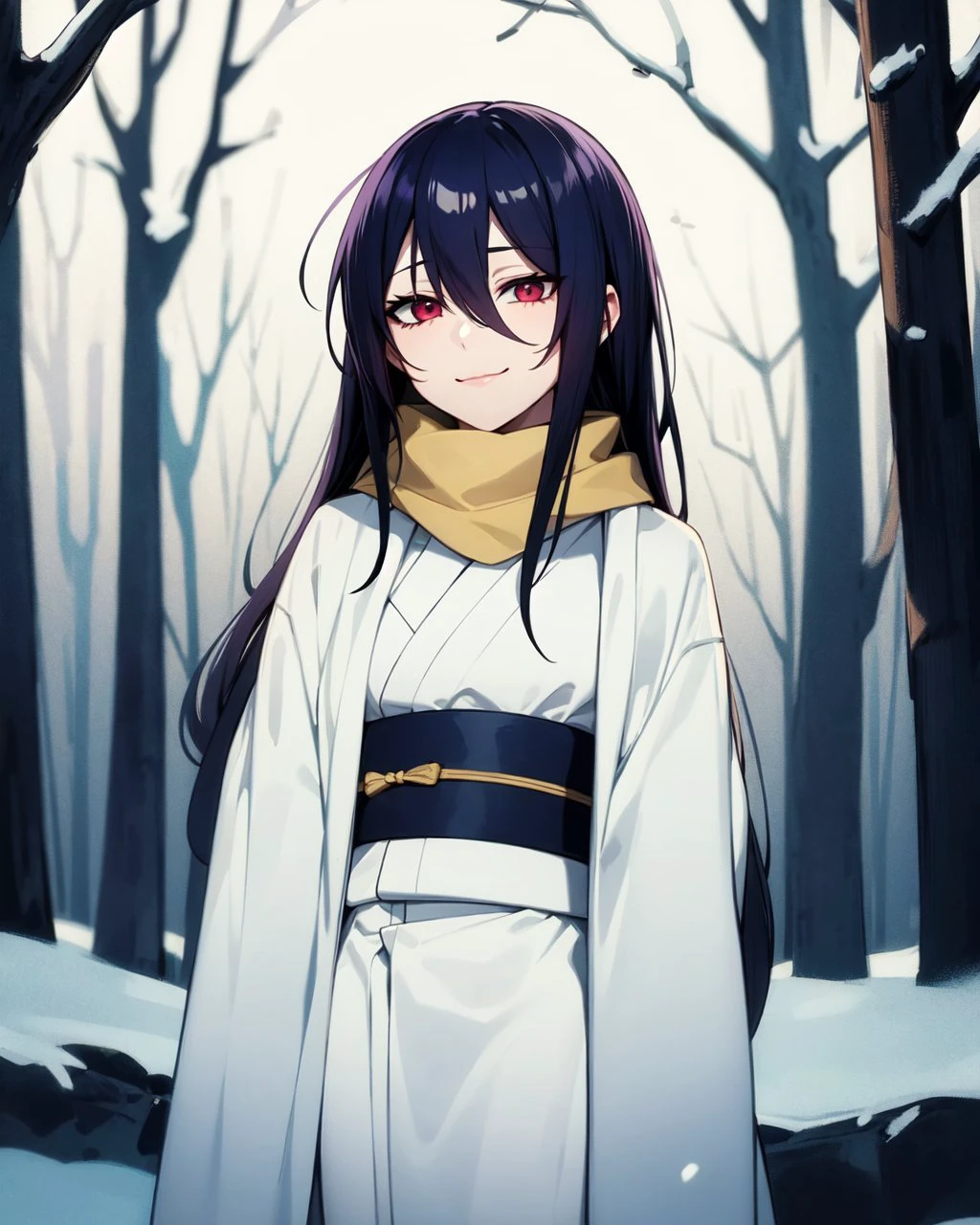 snow,ice,forest BREAK
Setsura,1girl,adult,long hair,pale_skin,hair between eyes,black hair,purple hair,two-tone hair,red eyes BREAK
white kimono,white obi,yellow scarf,white wide_sleeves,white long_sleeves BREAK
standing,smirk,<lora:Setsura:0.7>,