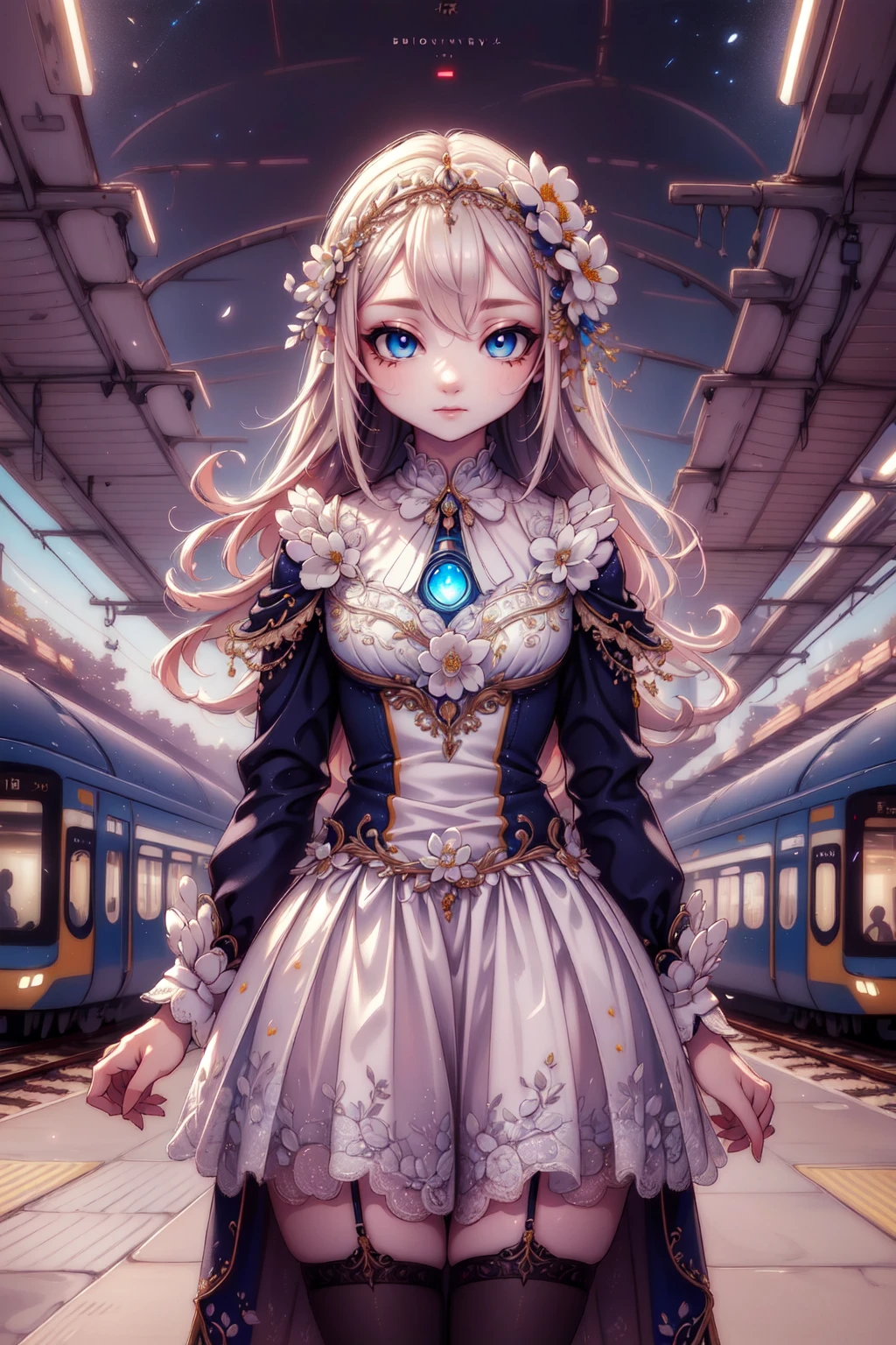 <lora:Flower Girl V3:0.8>,Flower Girl,1girl,Futuristic train station with high-speed trains and levitating platforms.,Flash with a diffuser and snoot for controlled spotlighting (Diffused Snooted Flash).,cowboy shot,, 8k, best quality, masterpiece, rule of thirds, superb, high resolution, sharp focus, extremely detailed description, professional, gorgeous and intricate details,