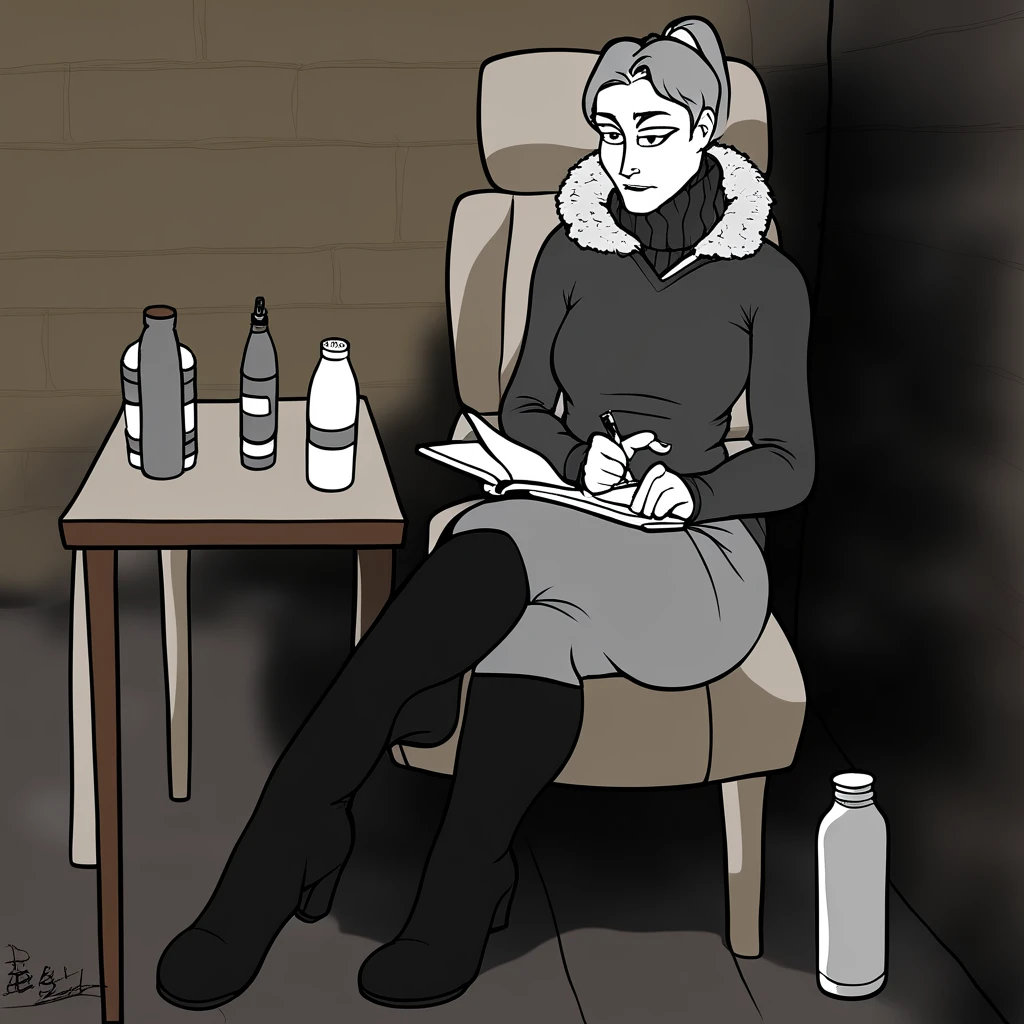 crossed legs, bottle, closed mouth, clipboard, fur trim, crossed arms, turtleneck, ponytail, turtleneck sweater, boots, looking at viewer, dr.buck, artist name